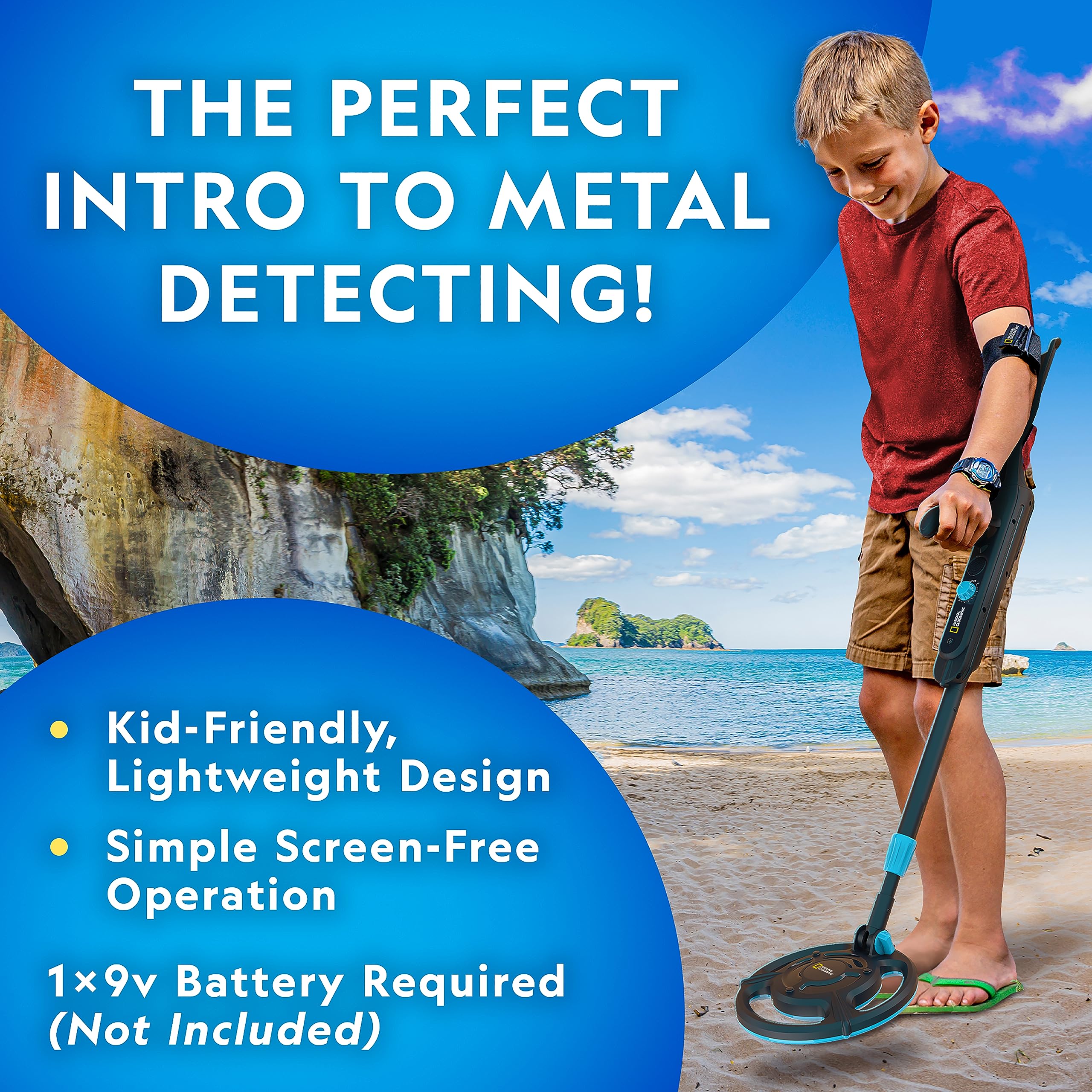 National Geographic Starter Metal Detector Kit for Kids - Kids Metal Detector with 7.4" Waterproof Coil & Trowel, Lightweight Gold Detector, Beach Detecting, Gift for Boys & Girls