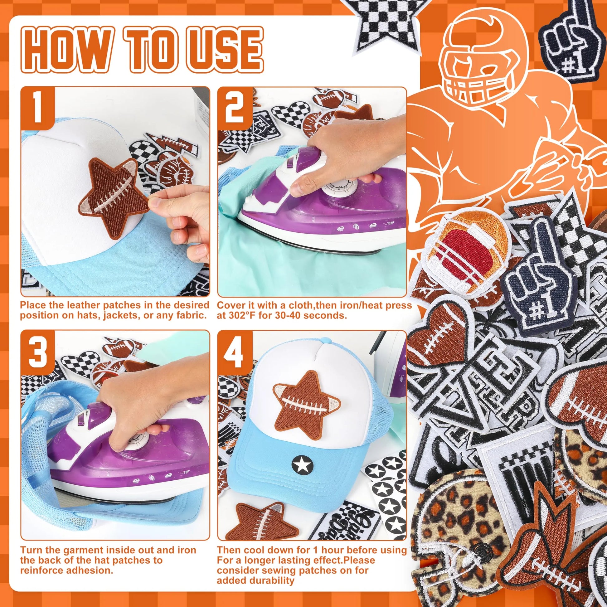 Iron On Embroidered Football Patches for Hats: Meneng 84PCS Football Helmet Sports Patch for Jackets Hoodies Backpacks - Star Stickers Sew On Applique for Football Enthusiasts Team Fans DIY Cratfs