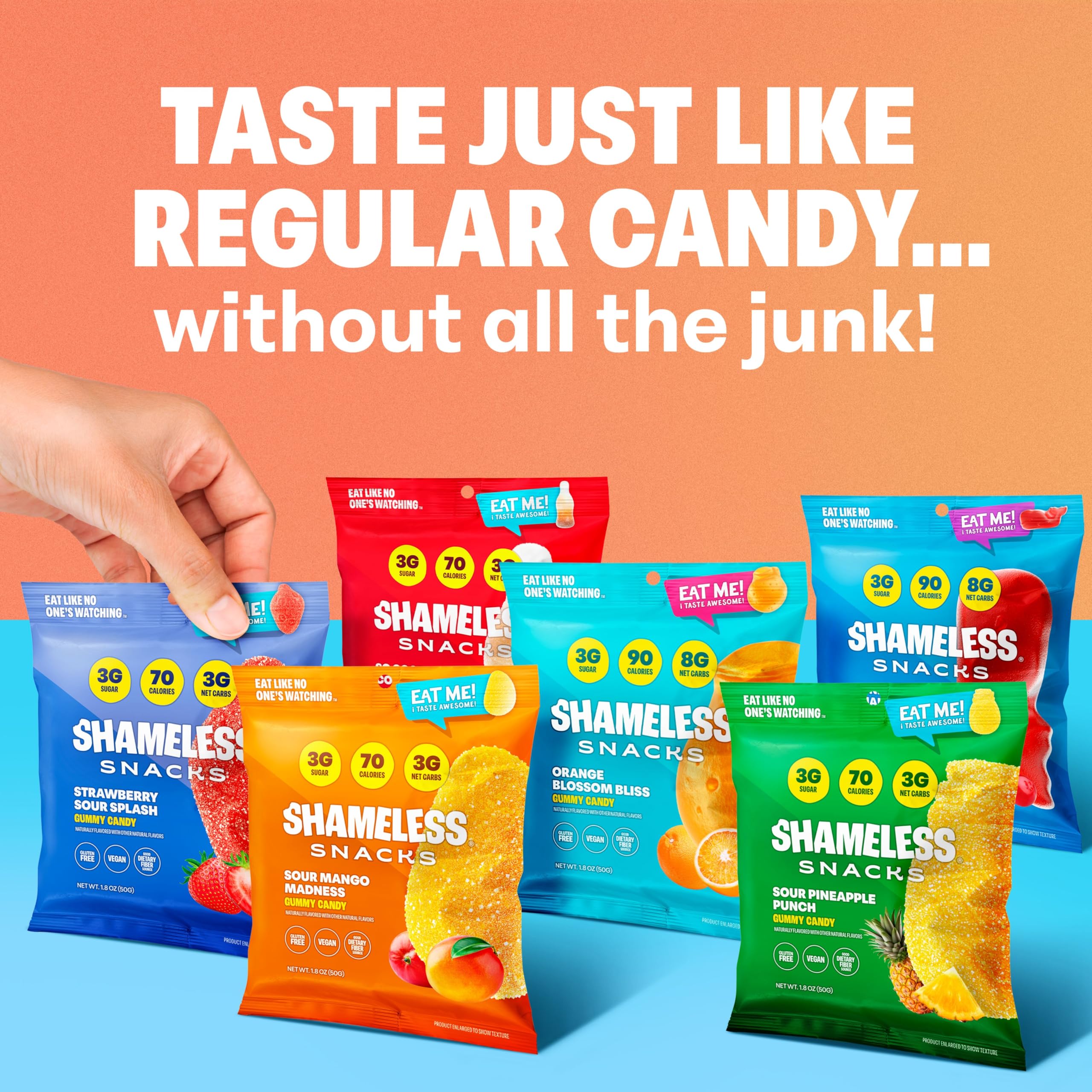 Shameless Snacks Candy Carnival - Healthy Low Sugar Snacks with Pineapple, Mango, Orange, Strawberry & Cola Gummies - Vegan, Gluten-Free, Low-Calorie Candy Variety Pack