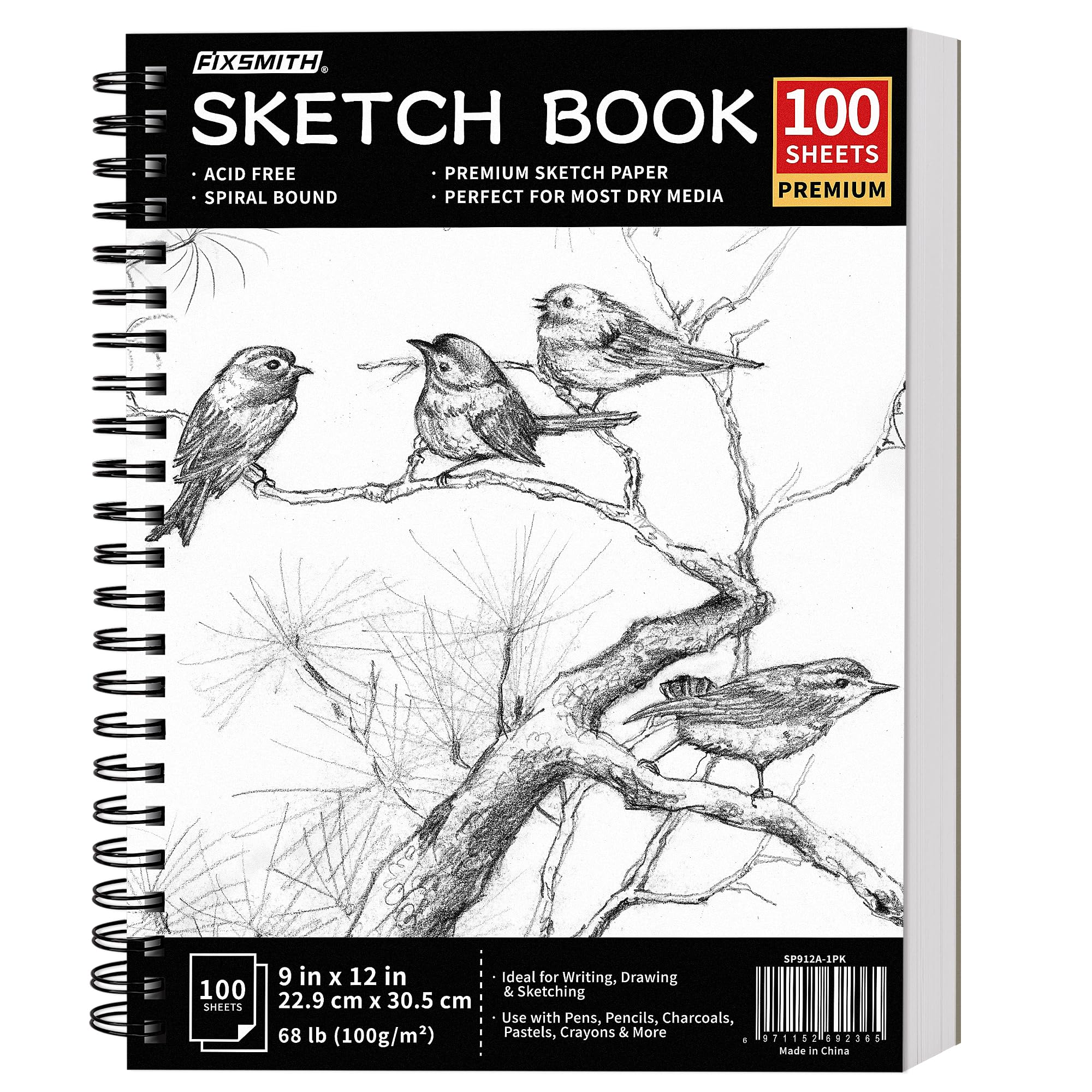 FIXSMITH 9"X12" Sketch Book | 100 Sheets (68 lb/100gsm) Spiral Sketchbook | Acid Free Drawing Paper | Sketch Pad for Kids,Beginners,Artists & Professionals| Bright White