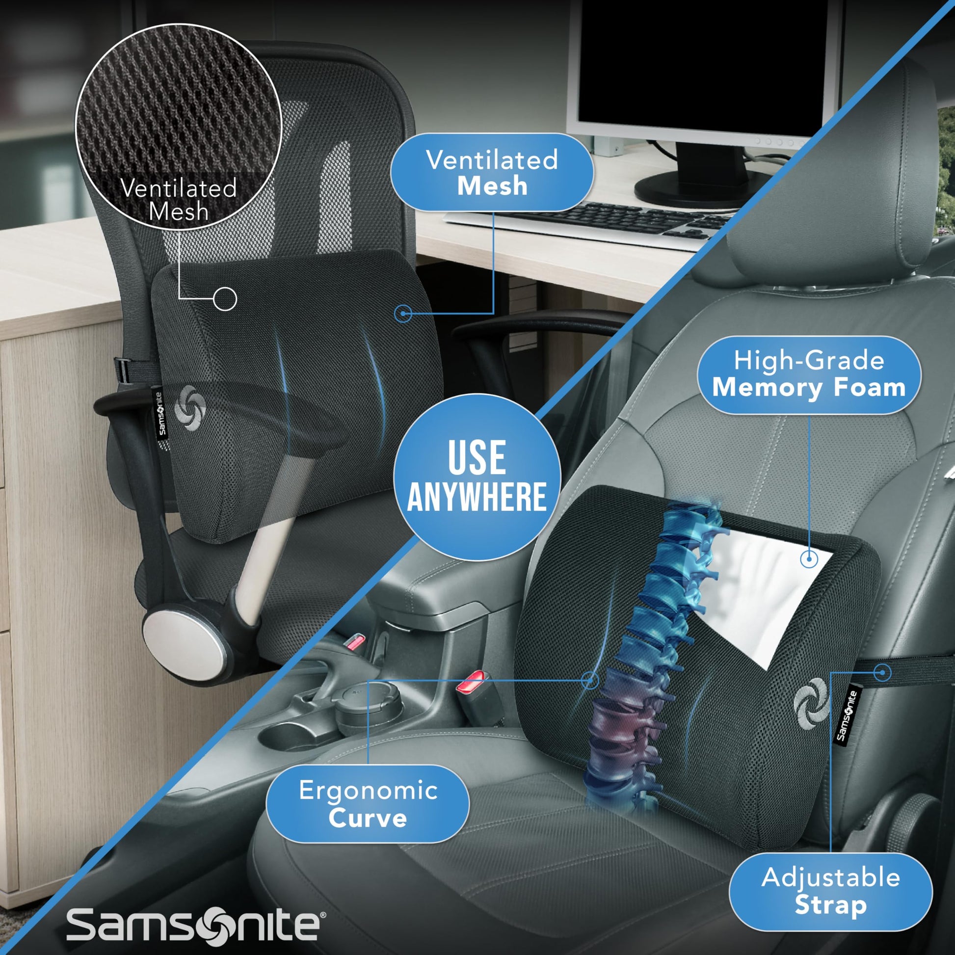 Samsonite Ergonomic Lumbar Support Pillow for Office Chair, Gaming Chair, or Car, Memory Foam Cushion with Ventilated Mesh and Adjustable Strap