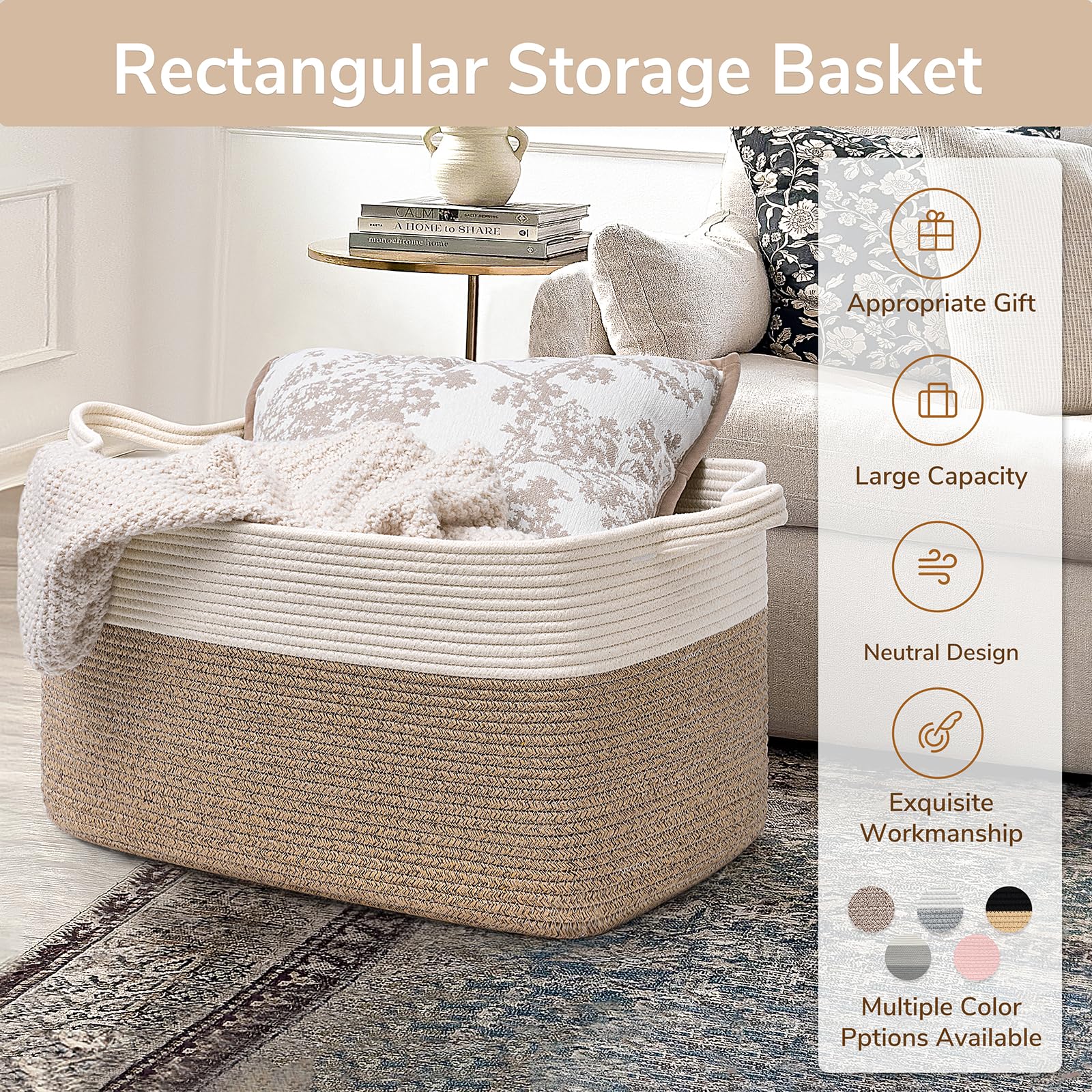 Goodpick Large Woven Blanket Basket, 21.6" x 14.9" x 11.8" Storage Baskets for Organizing, Rectangle Cotton Rope Toy Basket for Living Room, Bedroom, White & Brown