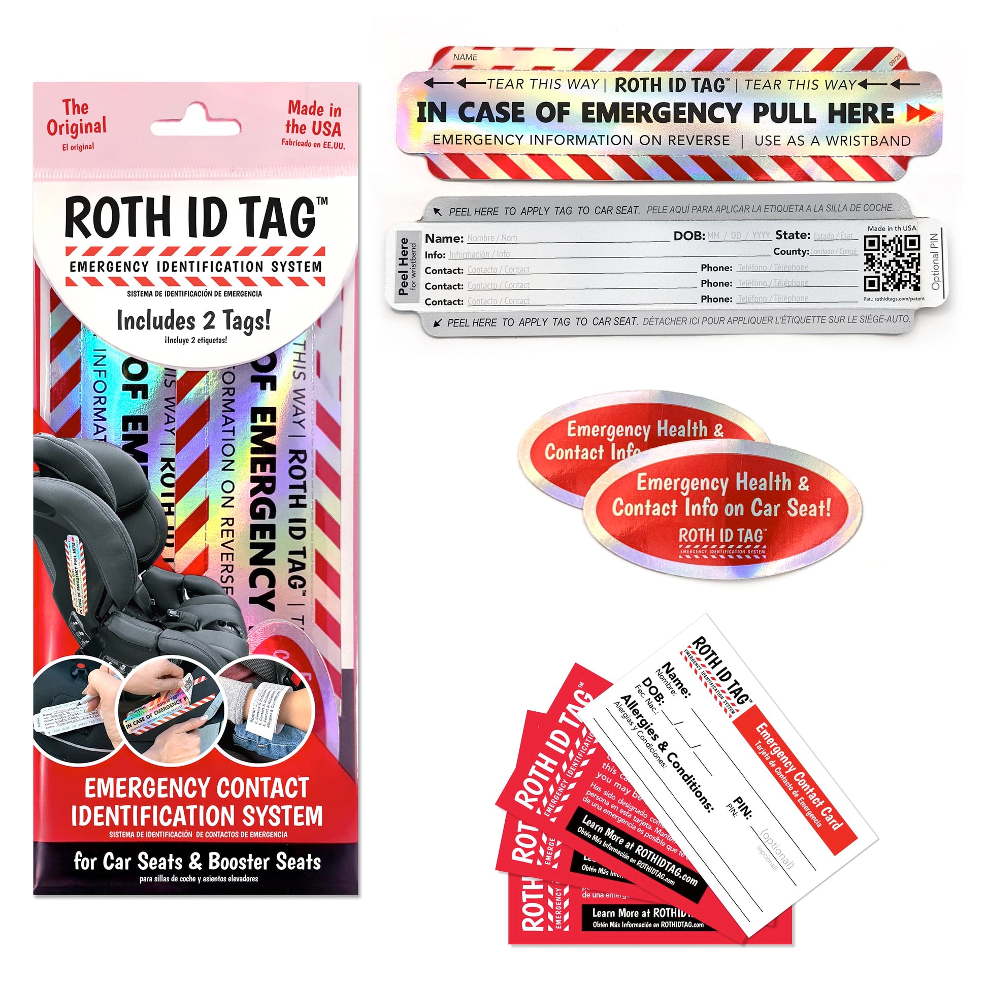 Original ROTH ID TAG™ Kit | Emergency Contact Identification System for Car Seats, Red, White, Black
