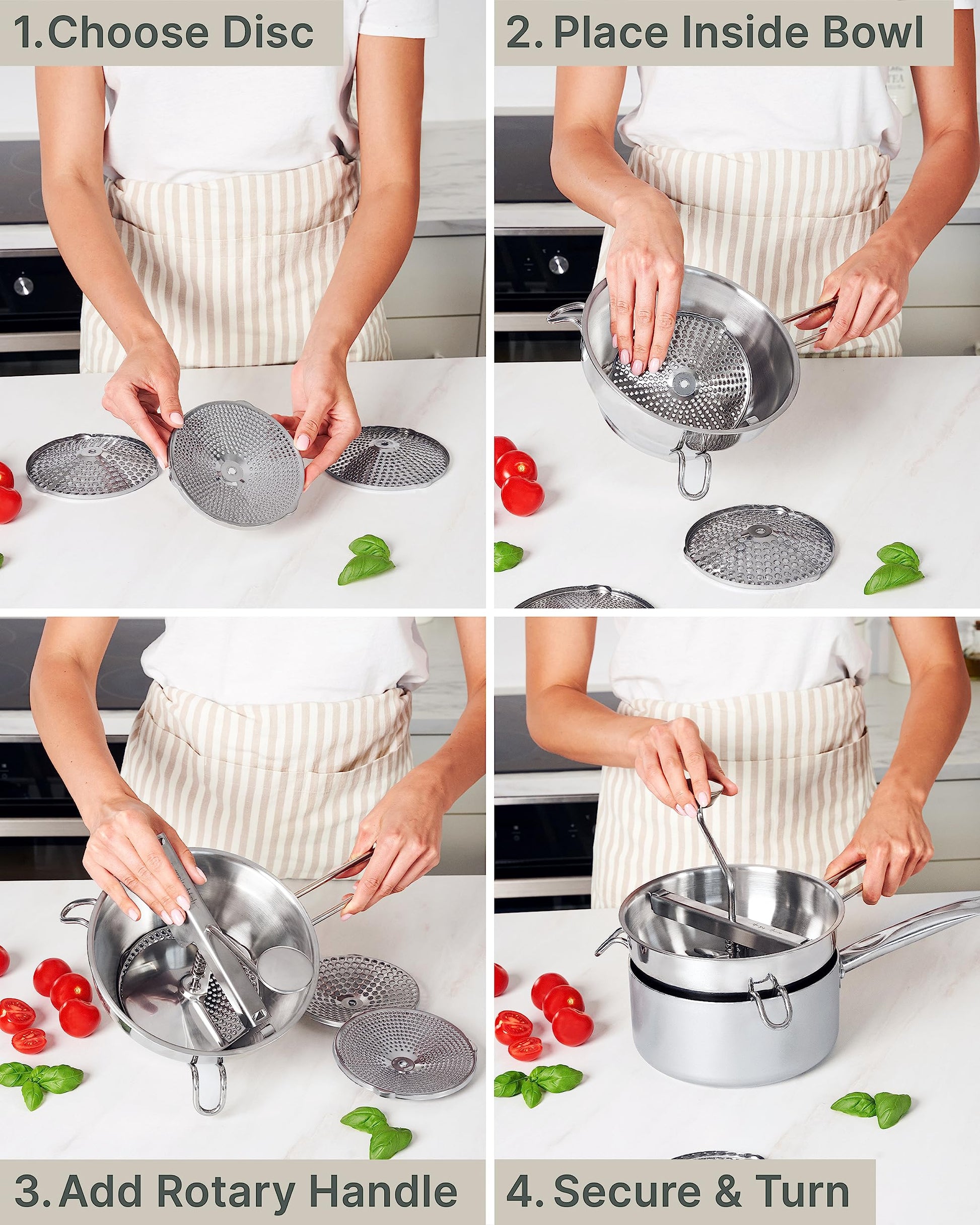 Ergonomic Food Mill Stainless Steel With 3 Grinding Discs - Rotary Food Mill for Tomato Sauce, Applesauce, Puree, Mashed Potatoes, Jams, Baby Food