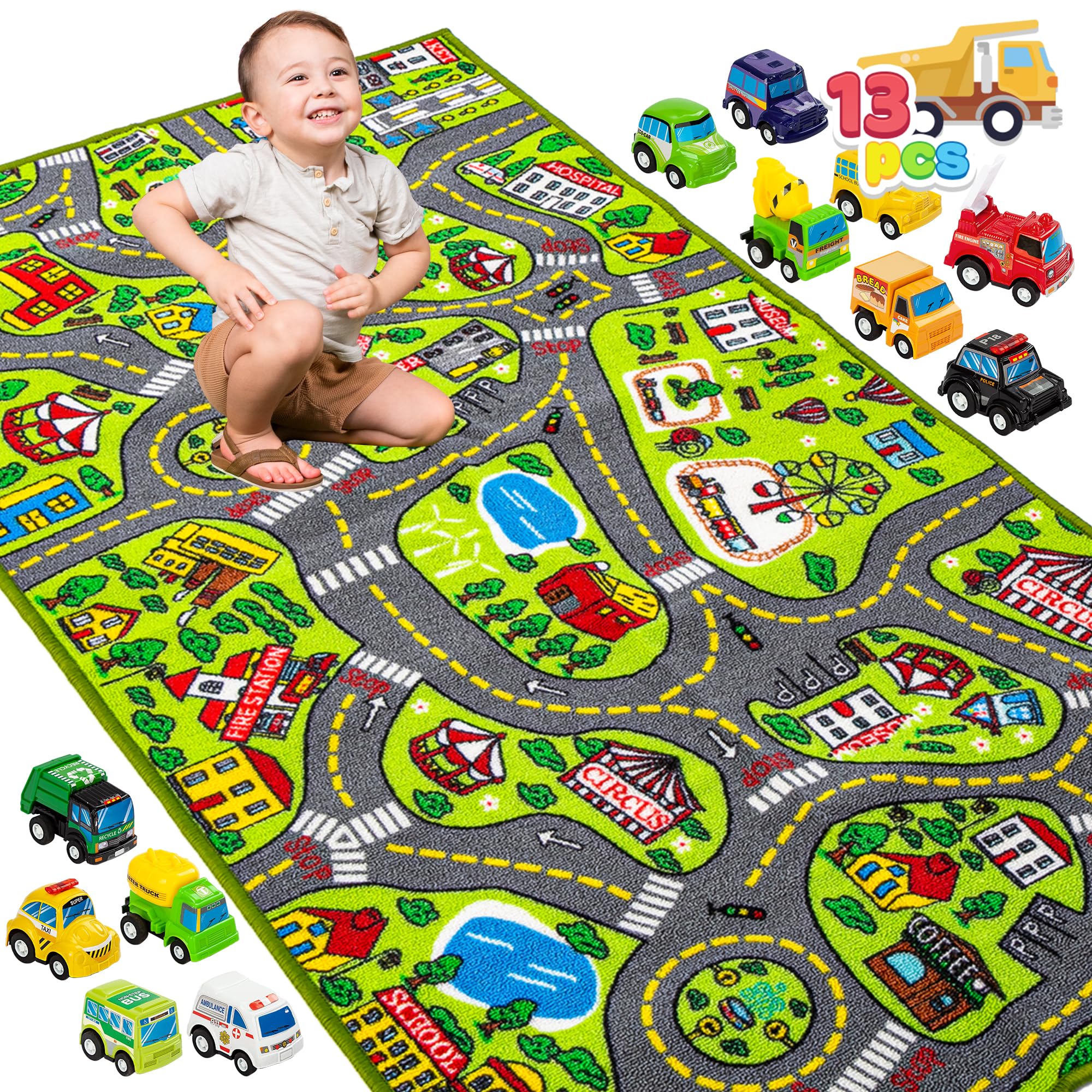 JOYIN Kids Play Rugs - 12 Pull-Back Vehicle Set - Durable Carpet Playmat Rug - City Pretend Play - Toddler Car Track Rug