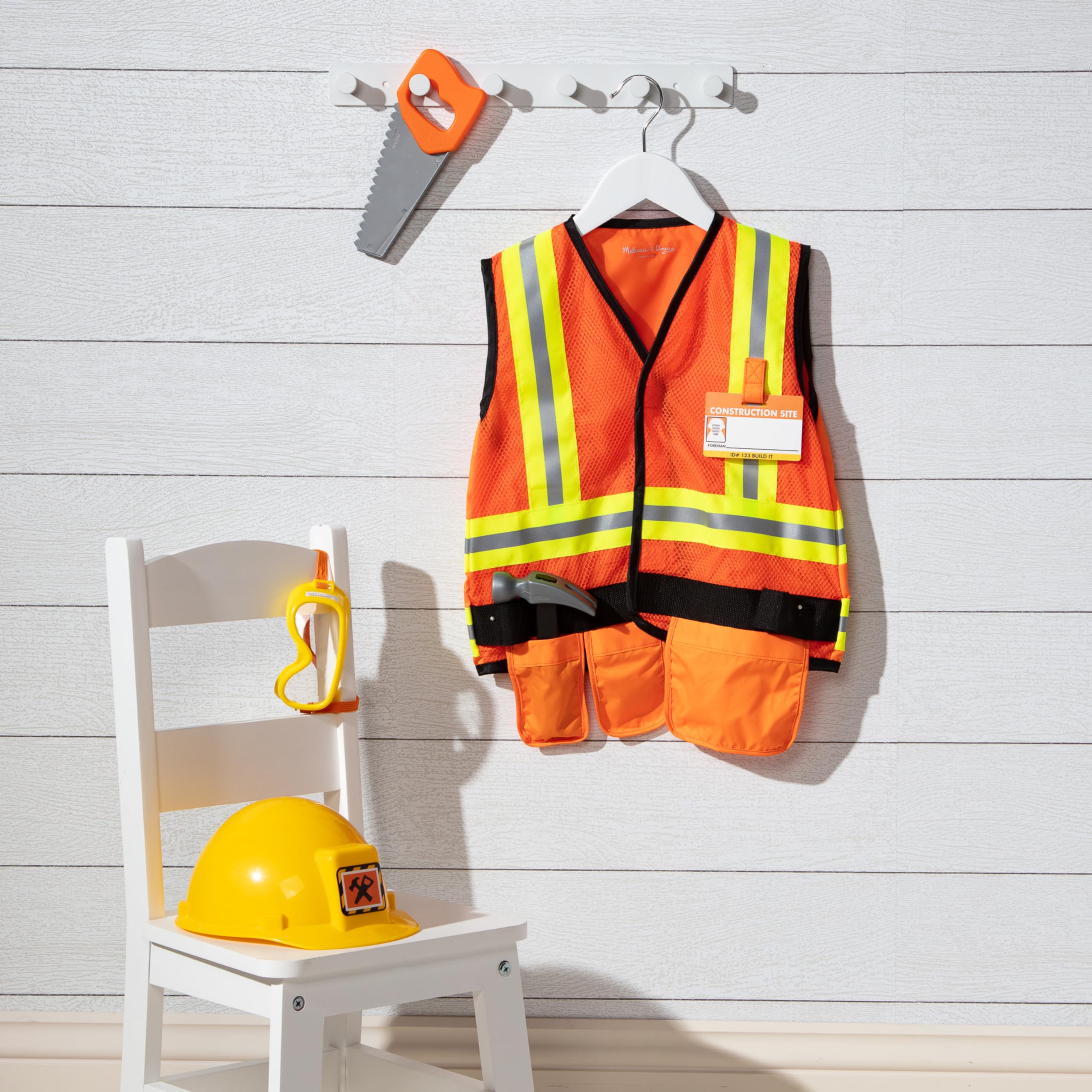 Melissa & Doug Construction Worker Costume Dress-Up Set for Kids (6-Piece) – Pretend Play Outfit with Tools & Safety Vest – Role Play Toys for Boys & Girls Ages 3+