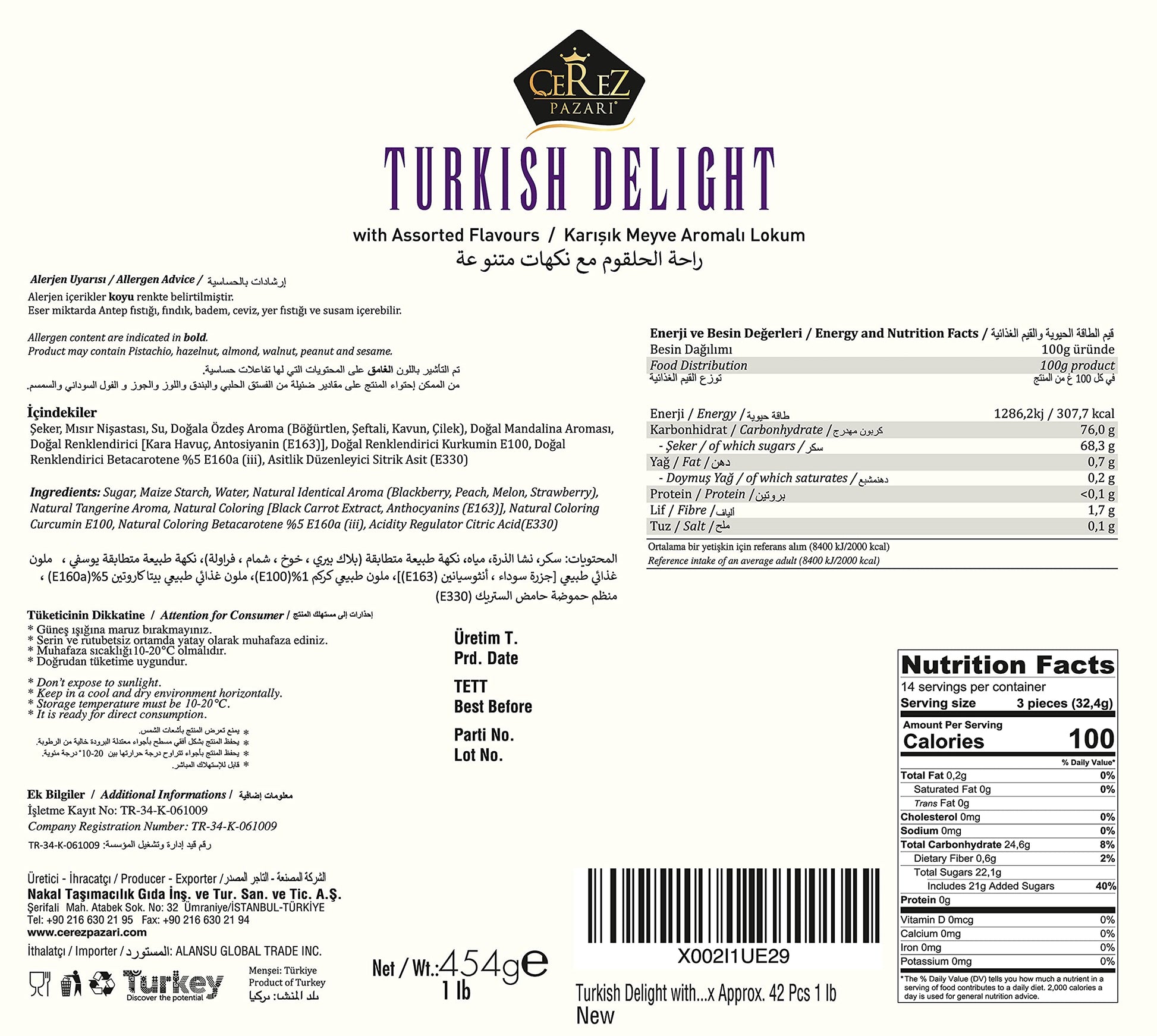 Cerez Pazari Turkish Delight Candy With Assorted Flavors, Gourmet Medium Size Snacks Gift Box, Sweet Luxury Traditional Confectionery Loukoumi, Vegan Lokum, Approx. No Nuts, 42 Pcs, 16 oz.