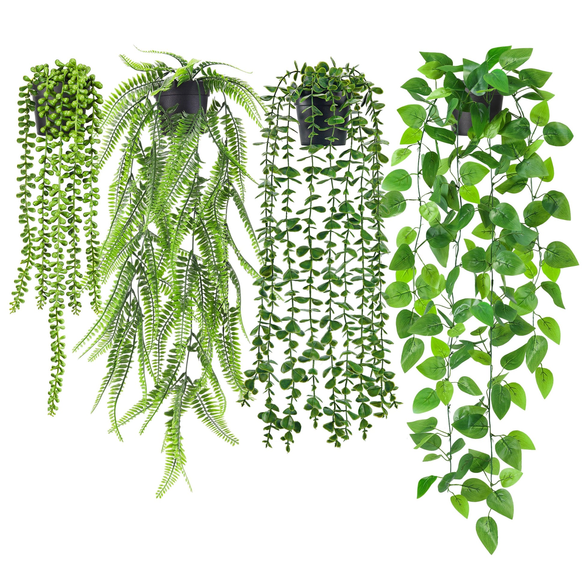 Der Rose 4Pcs Fake Plants Hanging Artificial Ivy Vine Faux Eucalyptus Hanging Plants, Boston Fern, String of Pearls for Living Room Bedroom Boho Wall Shelf Indoor Outdoor Decor
