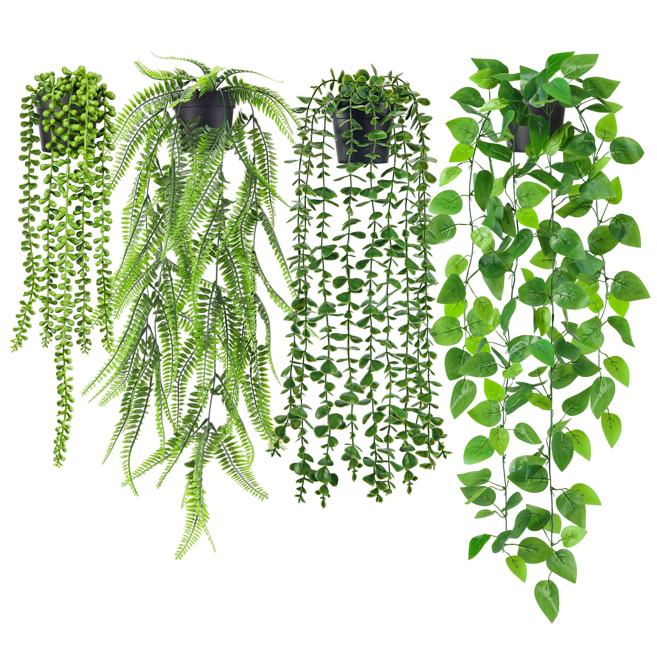 نباتات روز 4Pcs اصطناعية معلقة اللبلاب الصناعي المتدلي، الكافور الصناعي المتدلي، سرخس بوسطن، حبل اللؤلؤ لغرفة المعيشة وغرفة النوم وديكور حائط بوهو رفوف داخلية وخارجية