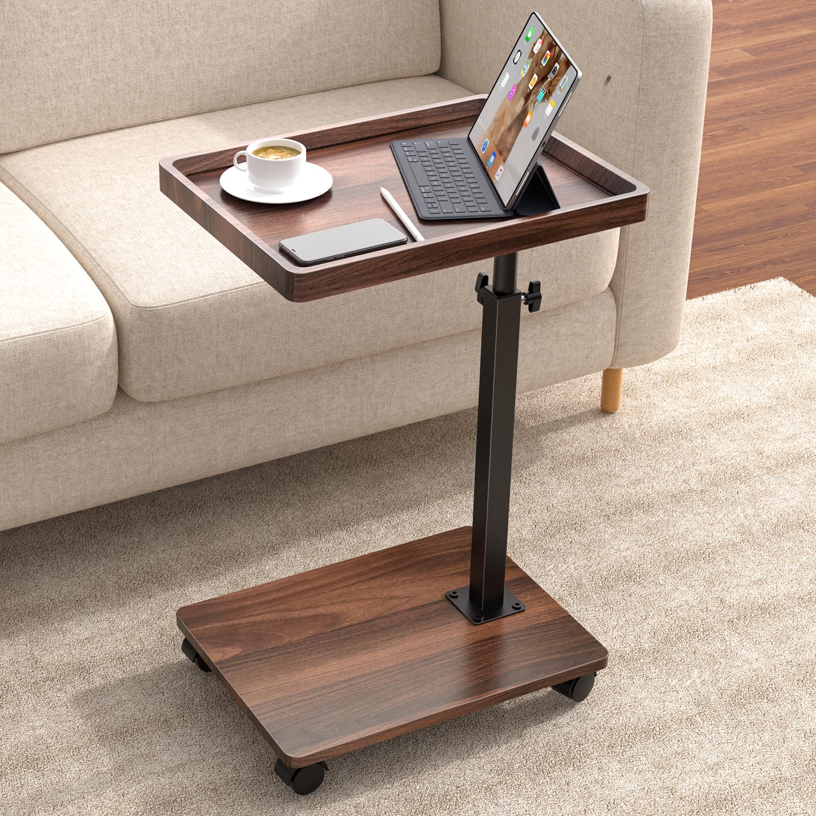 C Table End Table Adjustable Height, 360°Swivel TV Tray Table for Small Spaces, Couch Tables That slide under, C Shaped Side Tables living room and bedroom for Sofa, Bed,Chair, Snack (Walnut Brown)