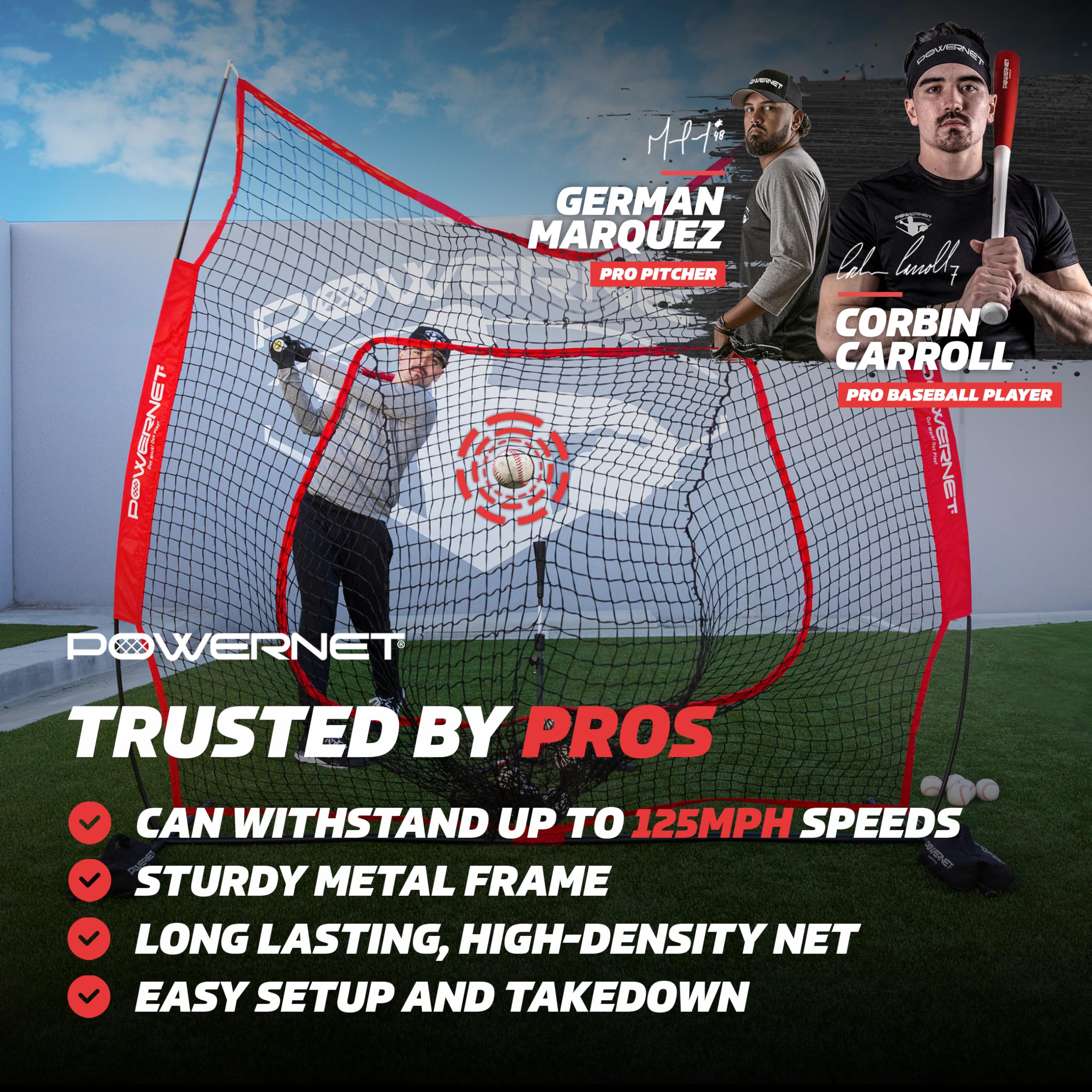 PowerNet Baseball & Softball Practice Net 7x7 FT, Outdoor Baseball Training Equipment for Pitching & Batting Practice (Red Net)