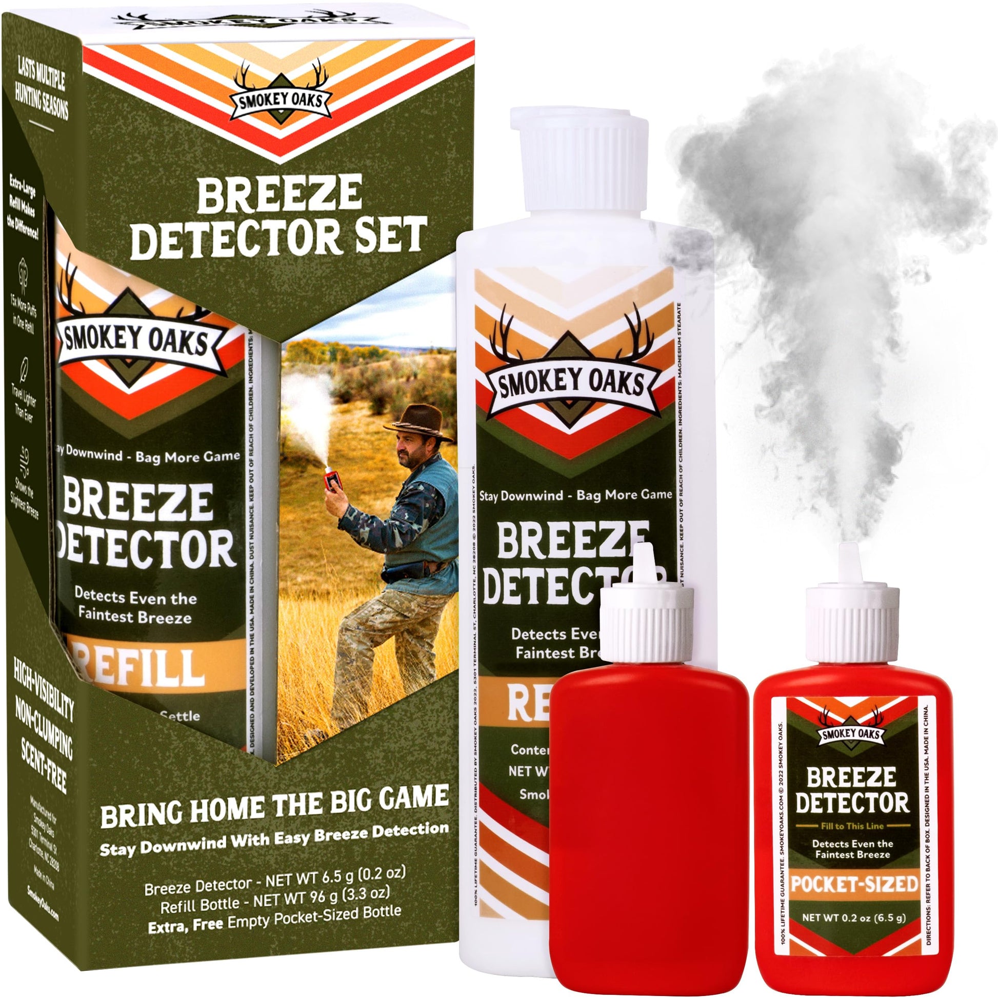 15x More, Ultra Visible Wind Checker Powder Scentless, Draft Indicator Hunting Dust. Compact 3" Breeze Direction Detector, Smoke Puffer Bottle, and Bulk Refill. Big Game Downwind Bundle Gear