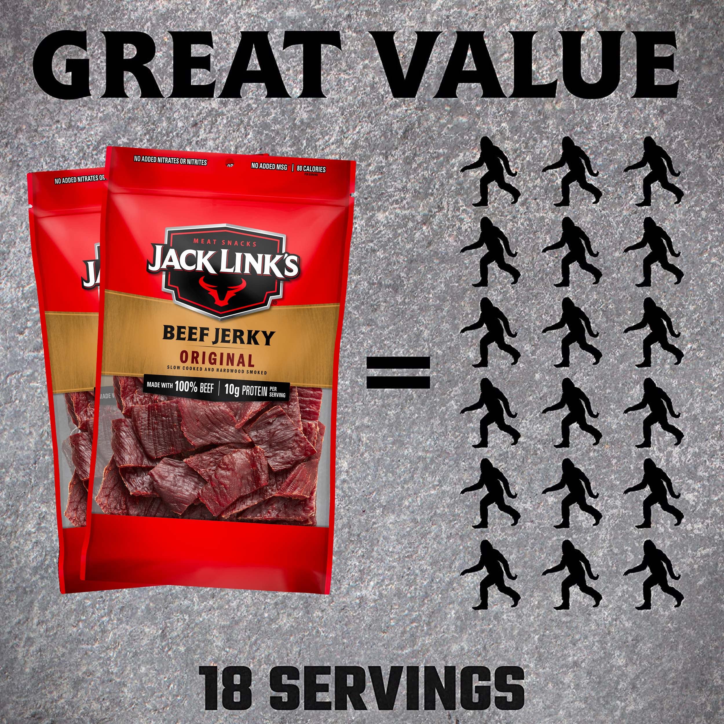 Jack Link's Beef Jerky, Original – Great Everyday Snack, 10g of Protein and 80 Calories, Made with 100% Beef – 96% Fat Free, No Added MSG** – 9 Oz. (Pack of 2)