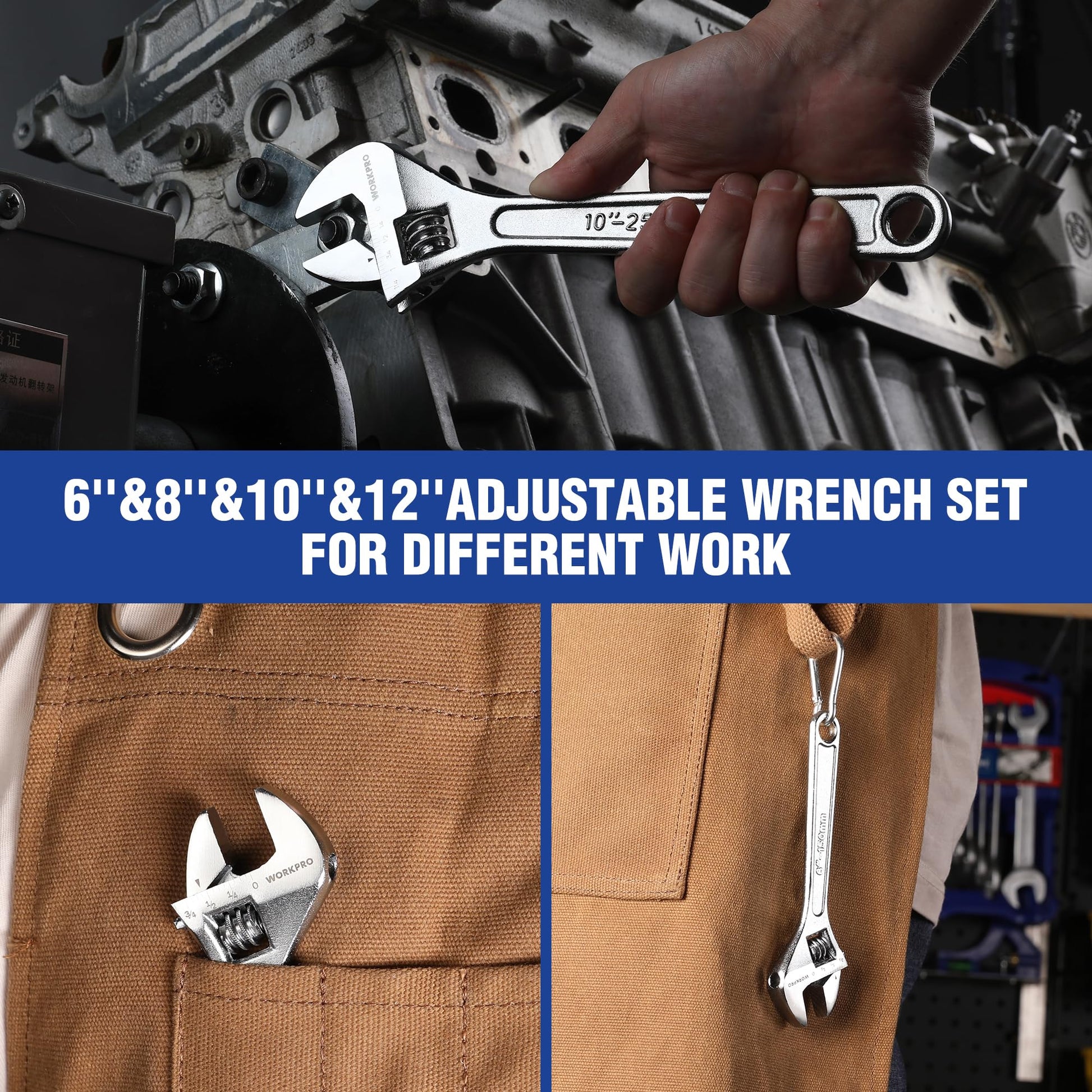 WORKPRO 4-piece Adjustable Wrench Set, Forged, Heat Treated, Chrome-plated (6-inch, 8-inch, 10-inch, 12-inch)