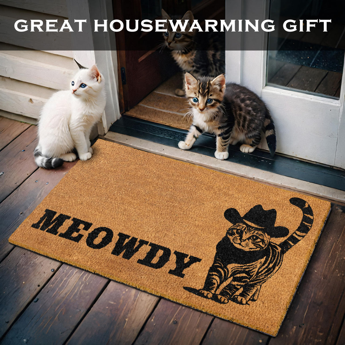 Meowdy Doormat 30x17 Inch, Cat Front Door Mat for Covered Outdoor Area, Black Cat Welcome Mats for Front Door Gift, Coir Outdoor Doormat