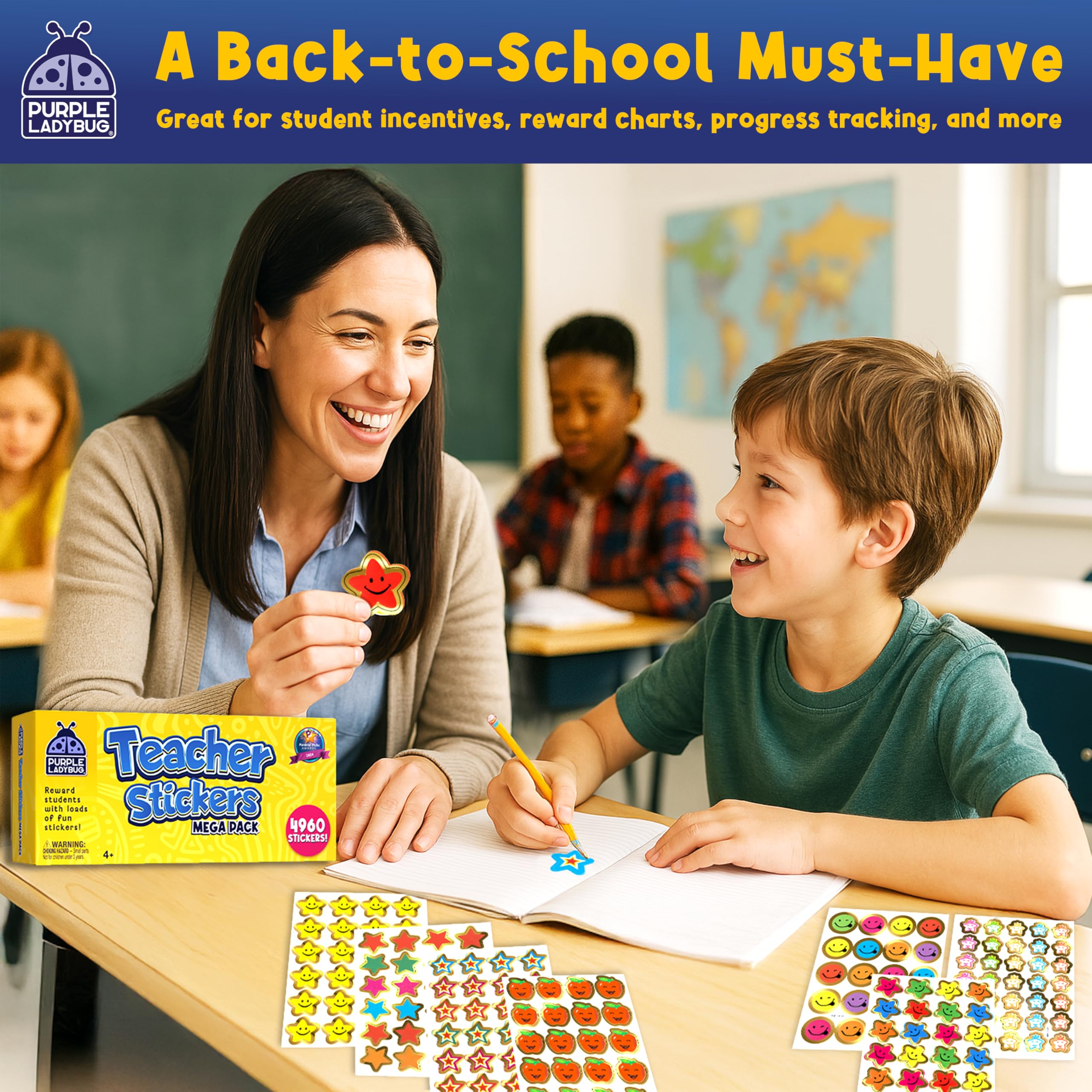 Purple Ladybug Teacher Stickers for Students - 4960 Reward Stickers for Classroom Supplies, Teacher Must-Haves & School Stickers, Small Stickers for Reward Charts, Back to School Gift, Summer Activity