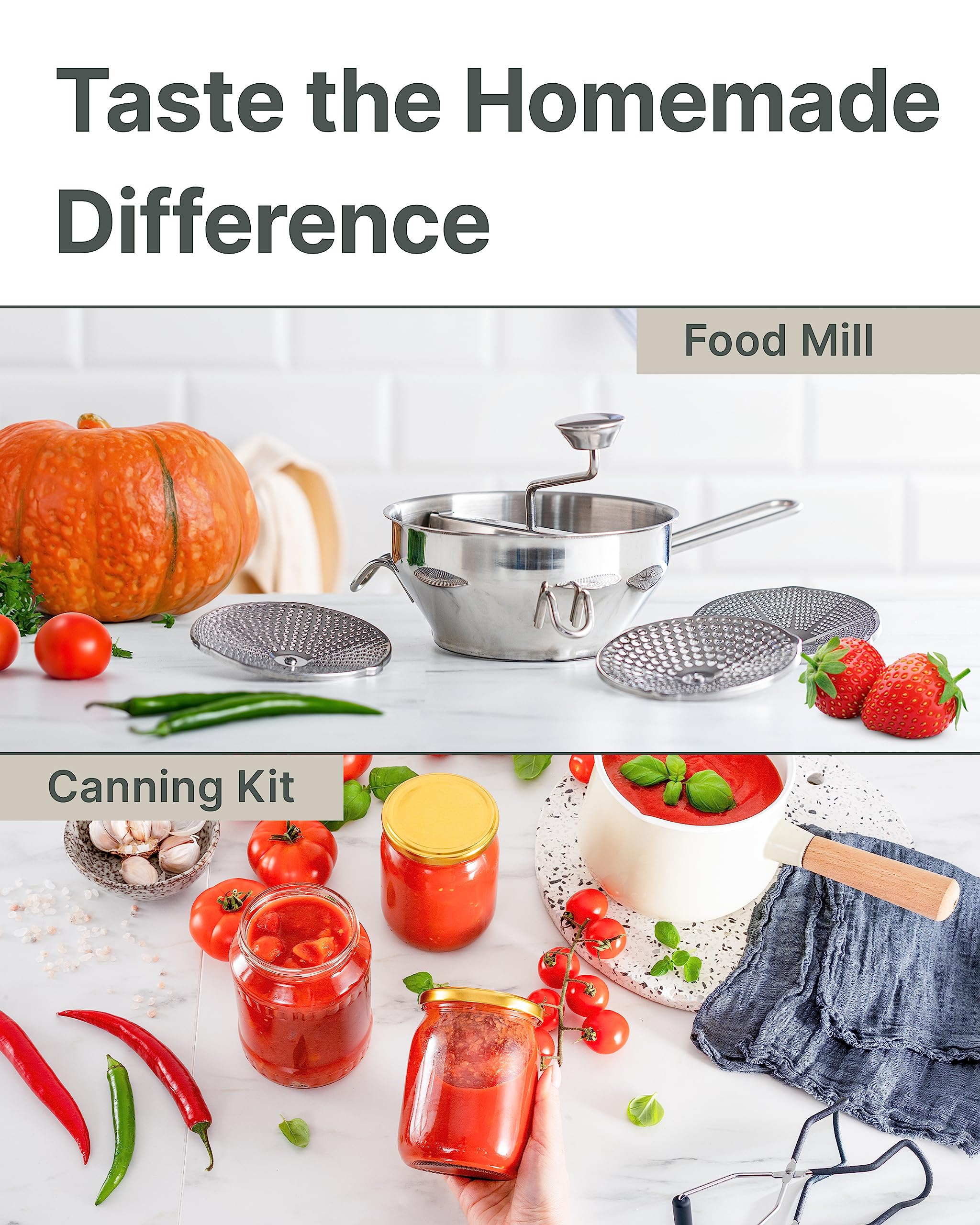 Ergonomic Food Mill Stainless Steel With 3 Grinding Discs - Rotary Food Mill for Tomato Sauce, Applesauce, Puree, Mashed Potatoes, Jams, Baby Food