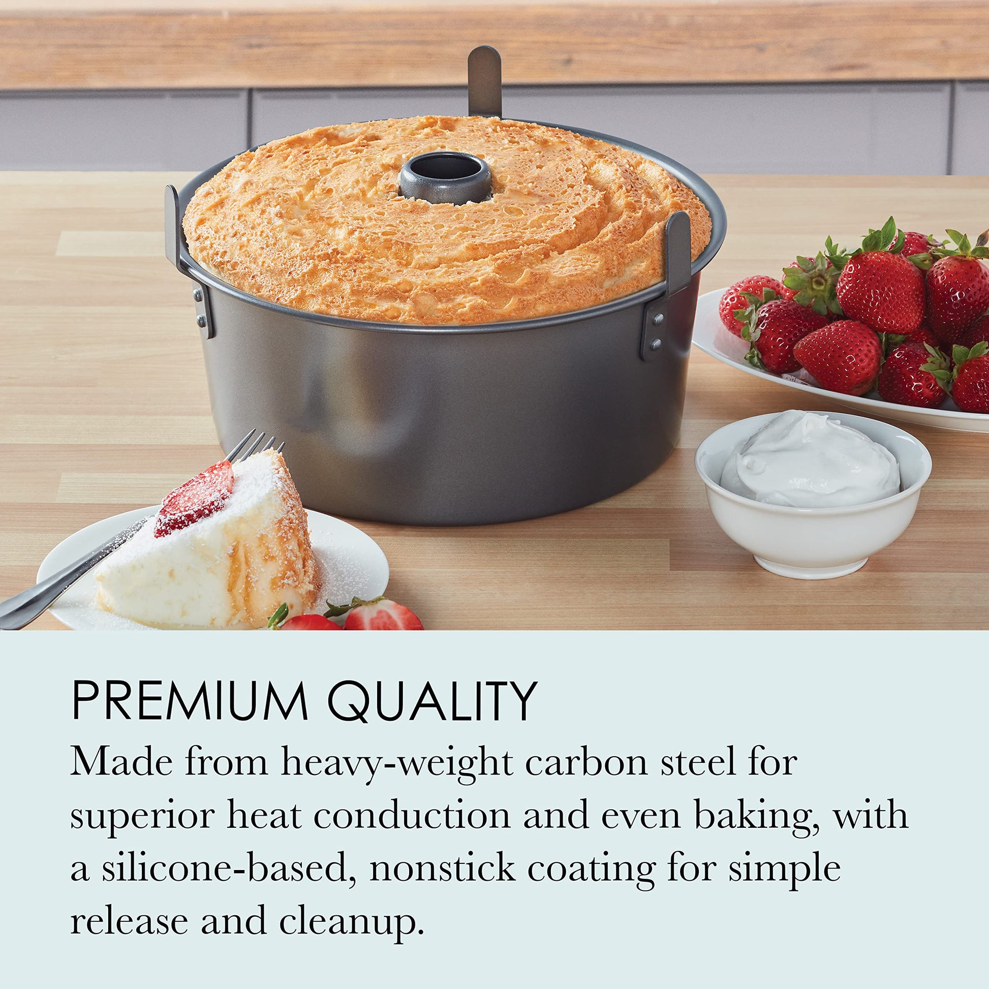 Chicago Metallic Angel Food Cake Pan with Cooling Feet, 2-Piece Nonstick Tube Pan, 9.5 Inch Carbon Steel, Perfect for Pound and Sponge Cakes