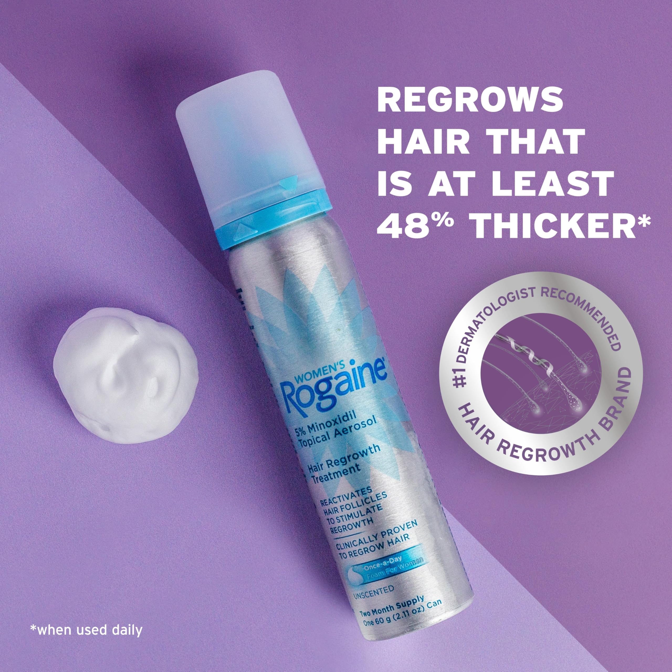 Rogaine for Women 5% Minoxidil Foam, Growth Treatment for Thinning & Hair Loss, Once-A-Day Unscented Topical Foam, Regrow Fuller Thicker Hair, Dermatologist Recommended, 4-Month Supply, 2 x 2.11 oz