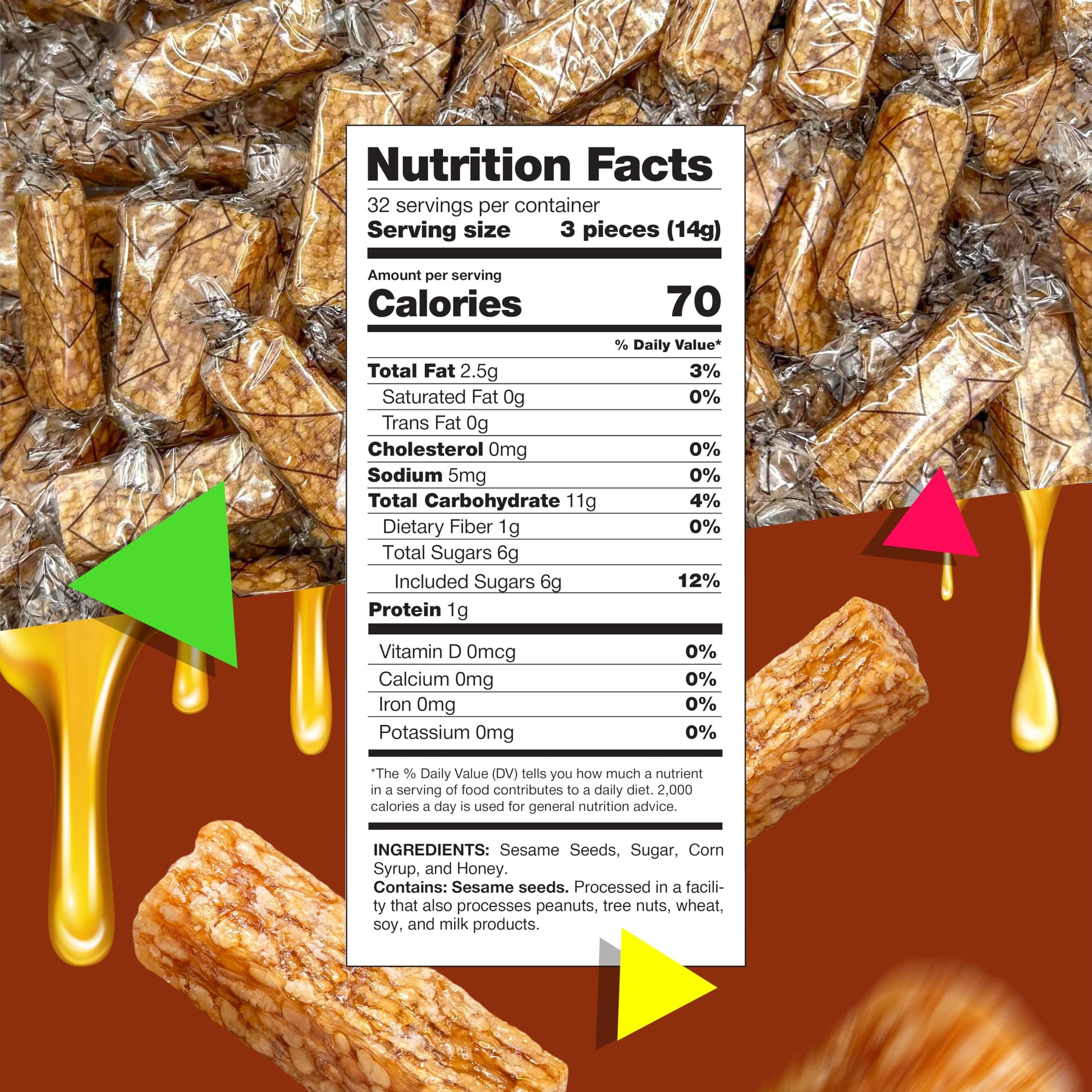 Sesame Honey Crunch Bars | 1 Pound Bag | Honey Roasted Sesame Seeds Candy | Individually Wrapped Snack Size Bars | Crunchy Sesame Candy for Office and Gifting