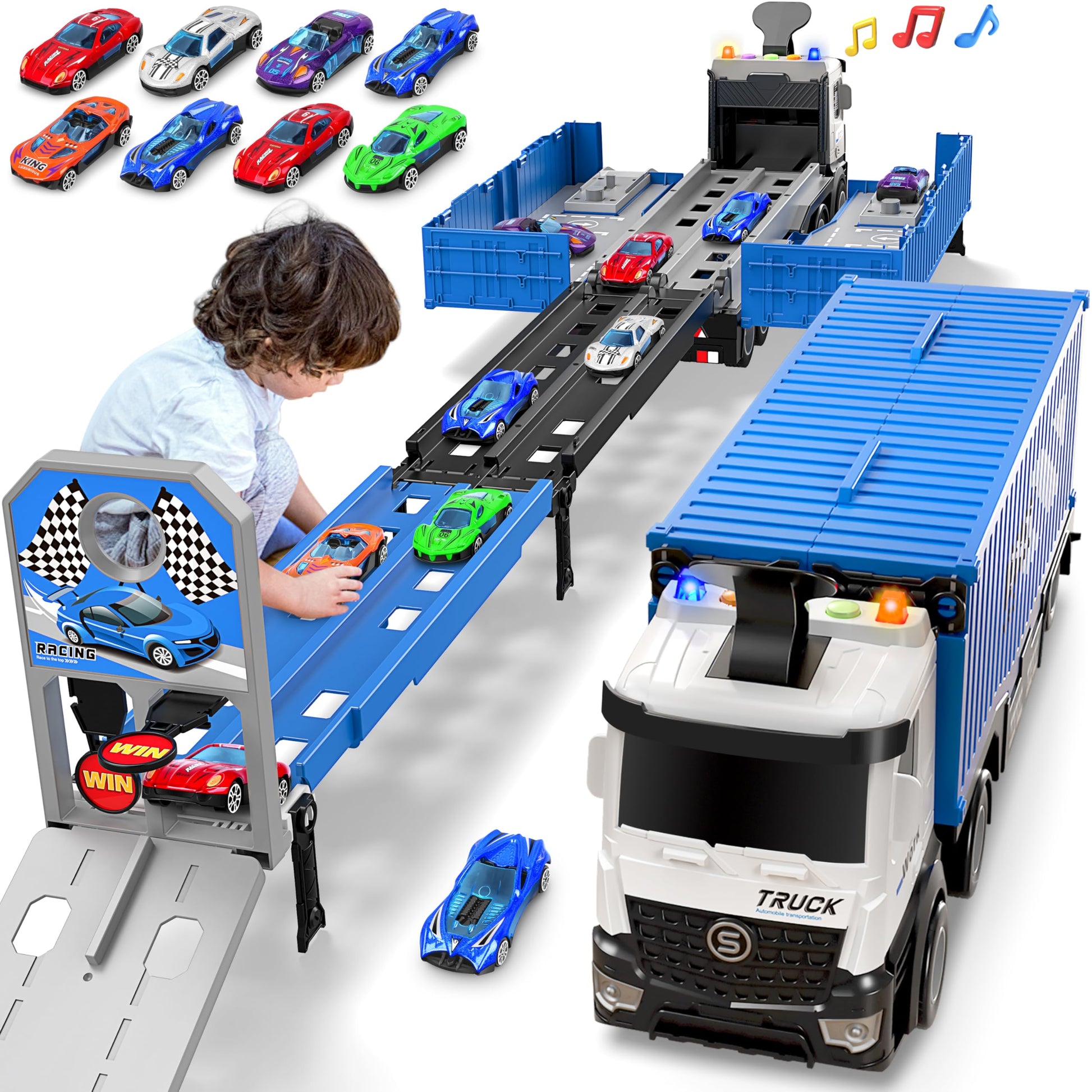Carrier Truck Race Track Kids Toys, Foldable 3 Layer Car Race Track Playset, Toy Truck Transport Car Carrier & 8 Race Cars, Truck Car Toddlers Toys Xmas Gifts for Age 3 4 5 6+ Years Old Boys Girls