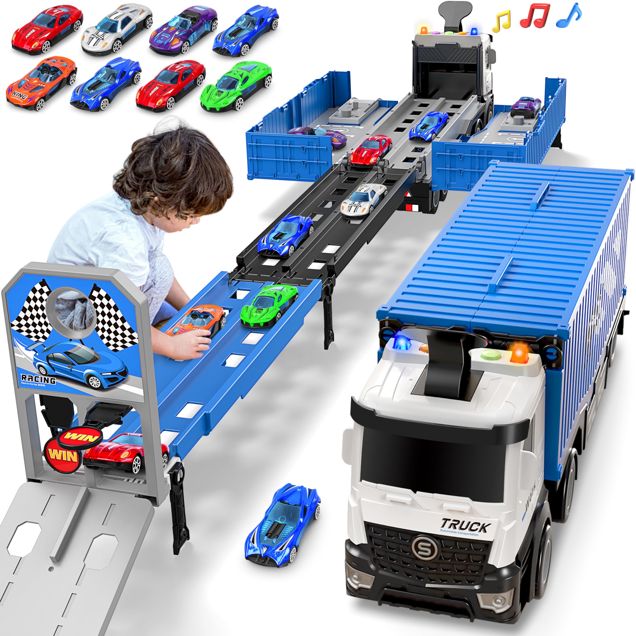 Carrier Truck Race Track Kids Toys, Foldable 3 Layer Car Race Track Playset, Toy Truck Transport Car Carrier & 8 Race Cars, Truck Car Toddlers Toys Xmas Gifts for Age 3 4 5 6+ Years Old Boys Girls