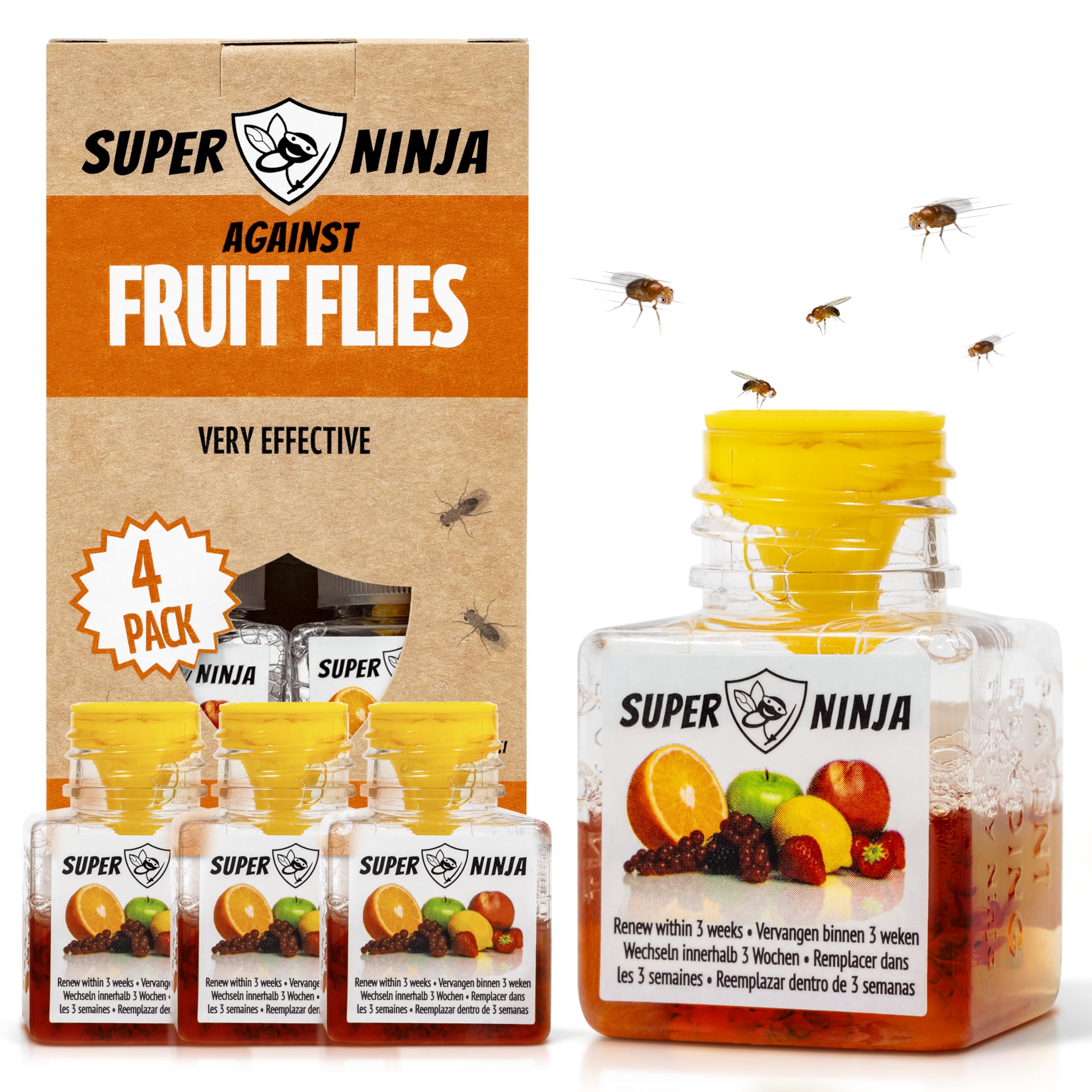 Super Ninja Fruit Fly Traps for Indoors - 4 Pack, Highly Effective Fruit Fly Catcher for Indoor Use for Home & Kitchen, Up to 3 Weeks of Performance per Bottle, Kid & Pet Friendly