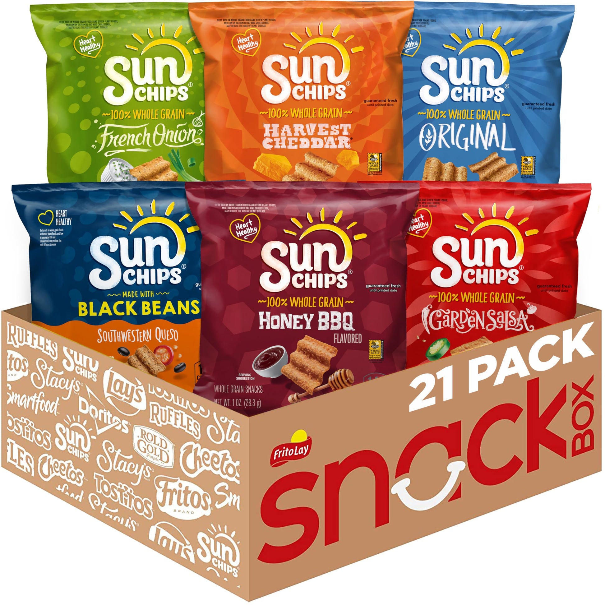 SunChips 100% Whole Grain Snacks, 6 Flavor Variety Pack, 1 oz Bags (Pack of 21)