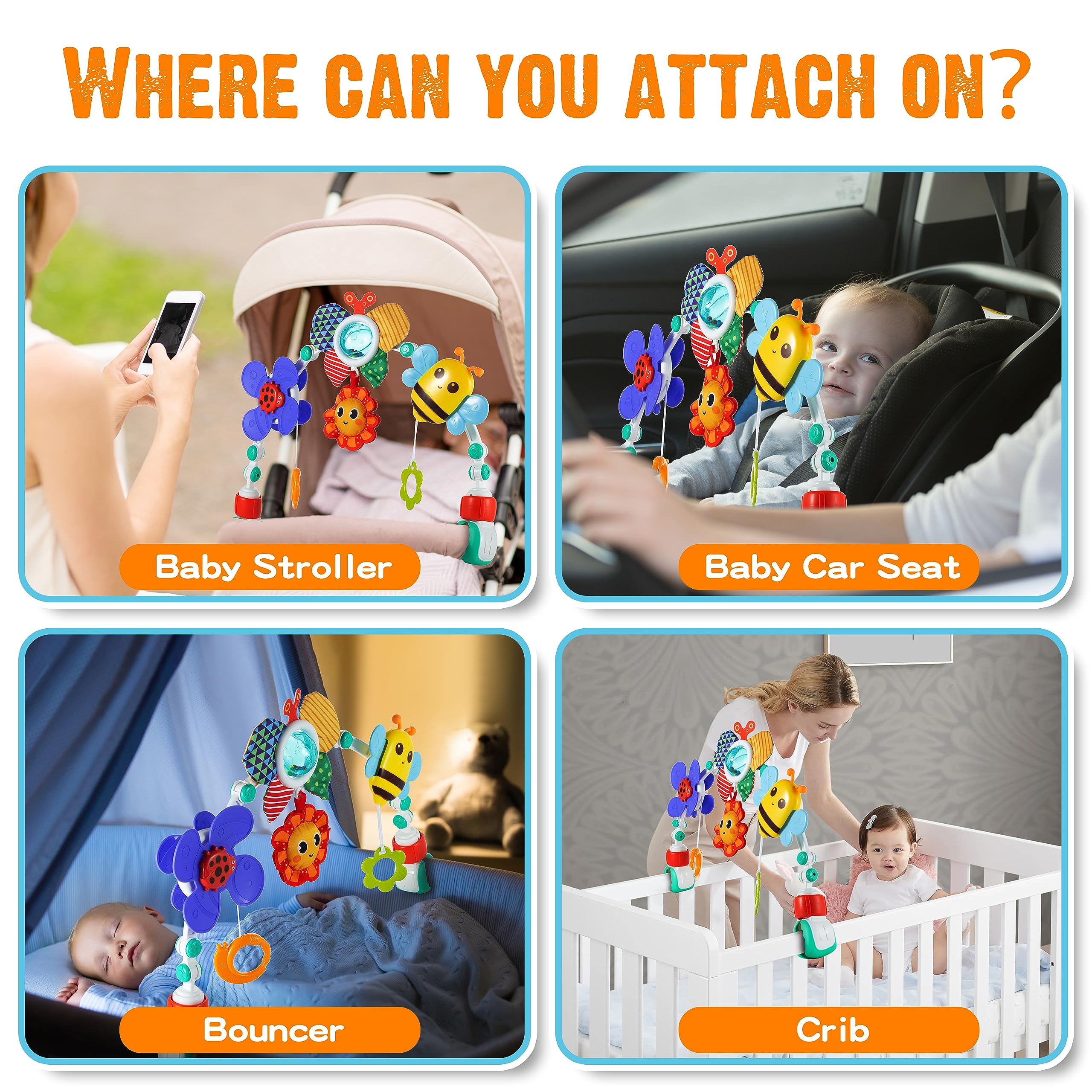Lynncare Adjustable Arch Bassinet Toys for Infant & Toddlers, Stroller Arch, Baby Crib Toys with Fascinating Hanging for Stimulating Baby’s Senses and Developing Motor Skills