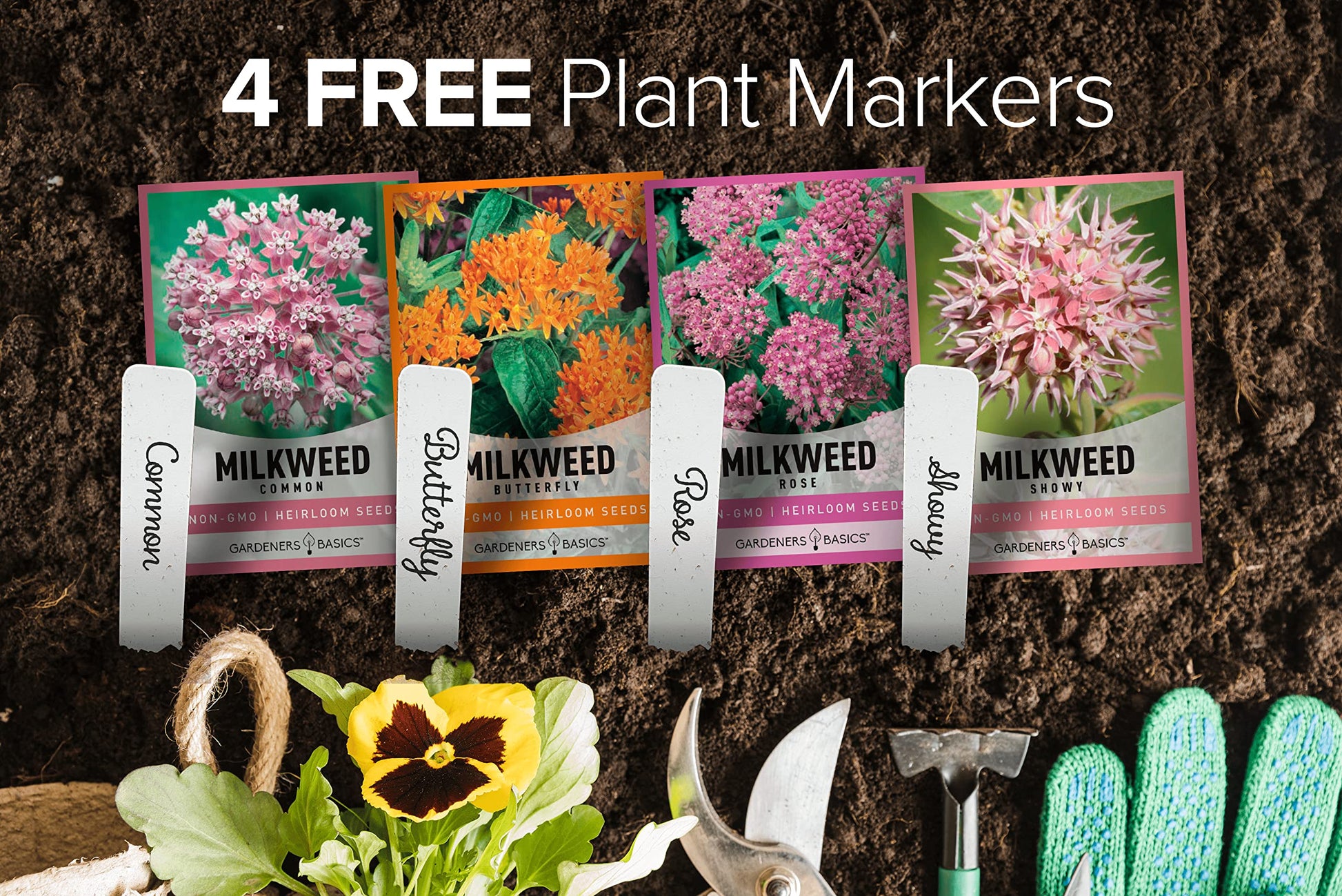 Gardeners Basics, Milkweed Seeds for Monarch Butterflies (4 Variety Pack) Common, Showy, Butterfly and Rose Varieties Attracts Butterflies, Bees and Pollinators Heirloom Flower Seeds Wildflower Seed