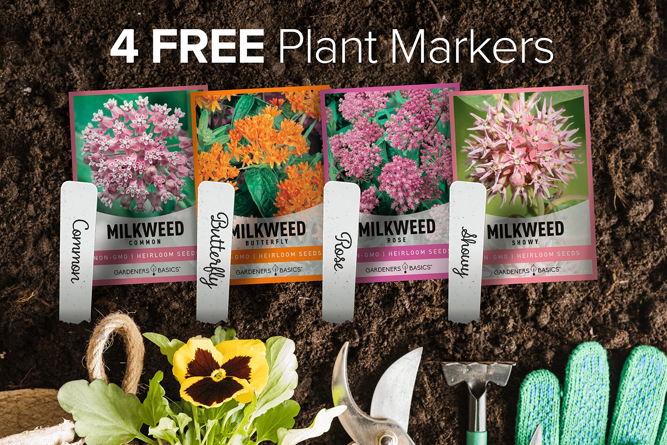 Gardeners Basics, Milkweed Seeds for Monarch Butterflies (4 Variety Pack) Common, Showy, Butterfly and Rose Varieties Attracts Butterflies, Bees and Pollinators Heirloom Flower Seeds Wildflower Seed