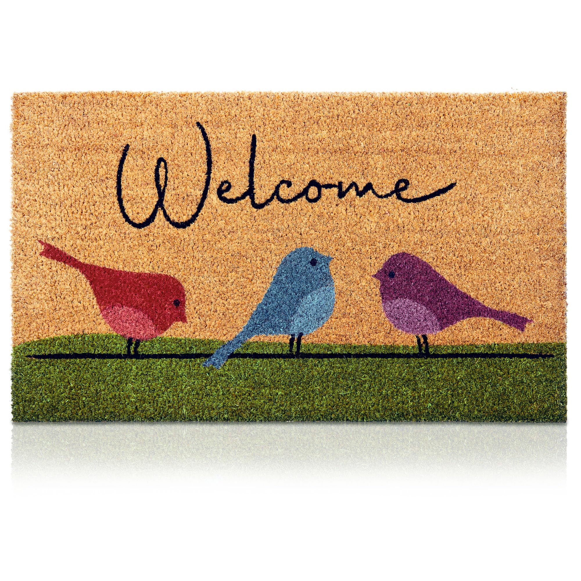 Colorful Birds - 17"x29" - Coir Door Mat with Heavy Duty Backing - Welcome Mats for Entryway, Porch - Anti-Slip PVC & Coconut Fiber Surface - Natural Home Accessories, Minimalist Original Design