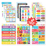 Hadley Designs 16 Educational Posters for Classroom & Kindergarten, Kindergarten Classroom Must Haves, Laminated PreK Learning Chart Materials US & World Map, ABC Alphabet, Shapes, Days of the Week