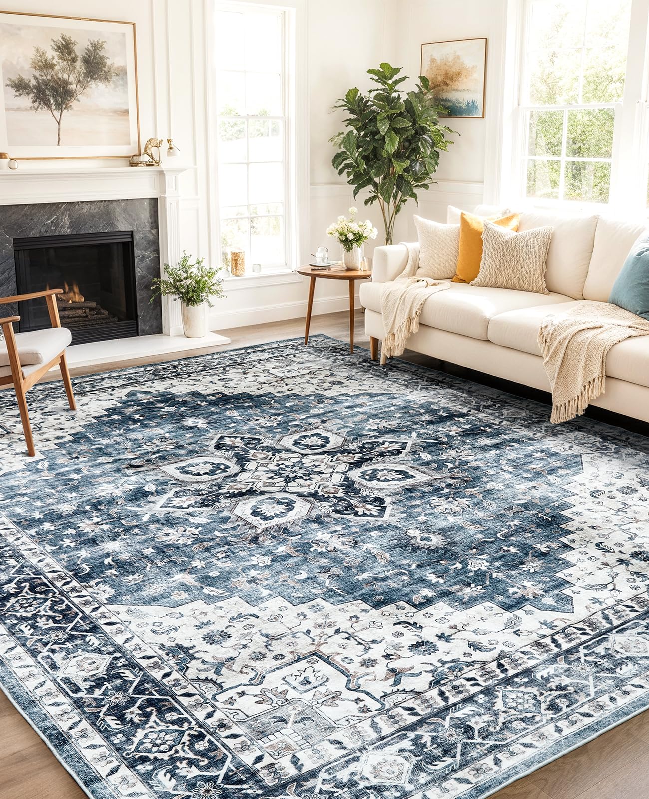 AMADA HOMEFURNISHING 8x10 Washable Area Rug, Low-Profile Large Area Rug with Non-Slip Backing & Durable Edge Binding, Vintage Large Rugs for Living Room, Bedroom, Dinning Room