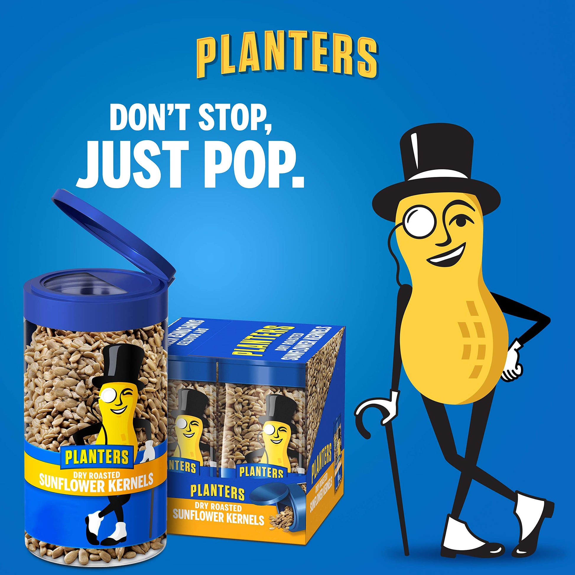 PLANTERS Pop & Pour Dry Roasted Sunflower Seeds to Eat, Road Trip Snack, Plant-Based Protein, Snacks for Adults, After School Snacks for Kids, Bulk Nuts, Kosher, 5.85oz Jar (4 Count)