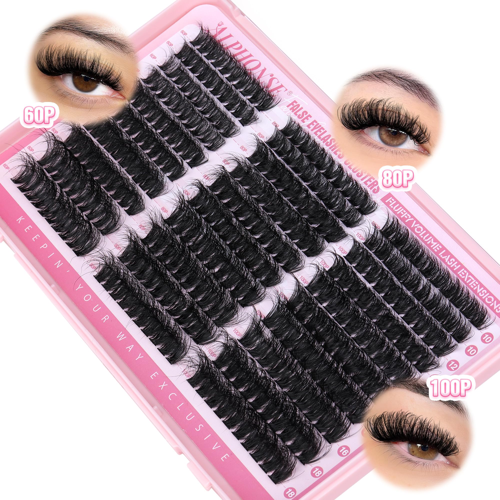 Fluffier Lash Clusters Thick Volume Lash Extension 10-18mm Cluster Eyelash Extensions DIY Individual Lashes Wispy at Home Pestañas Pelo a Pelo by ALPHONSE (60D+80D+100D, 300pcs)