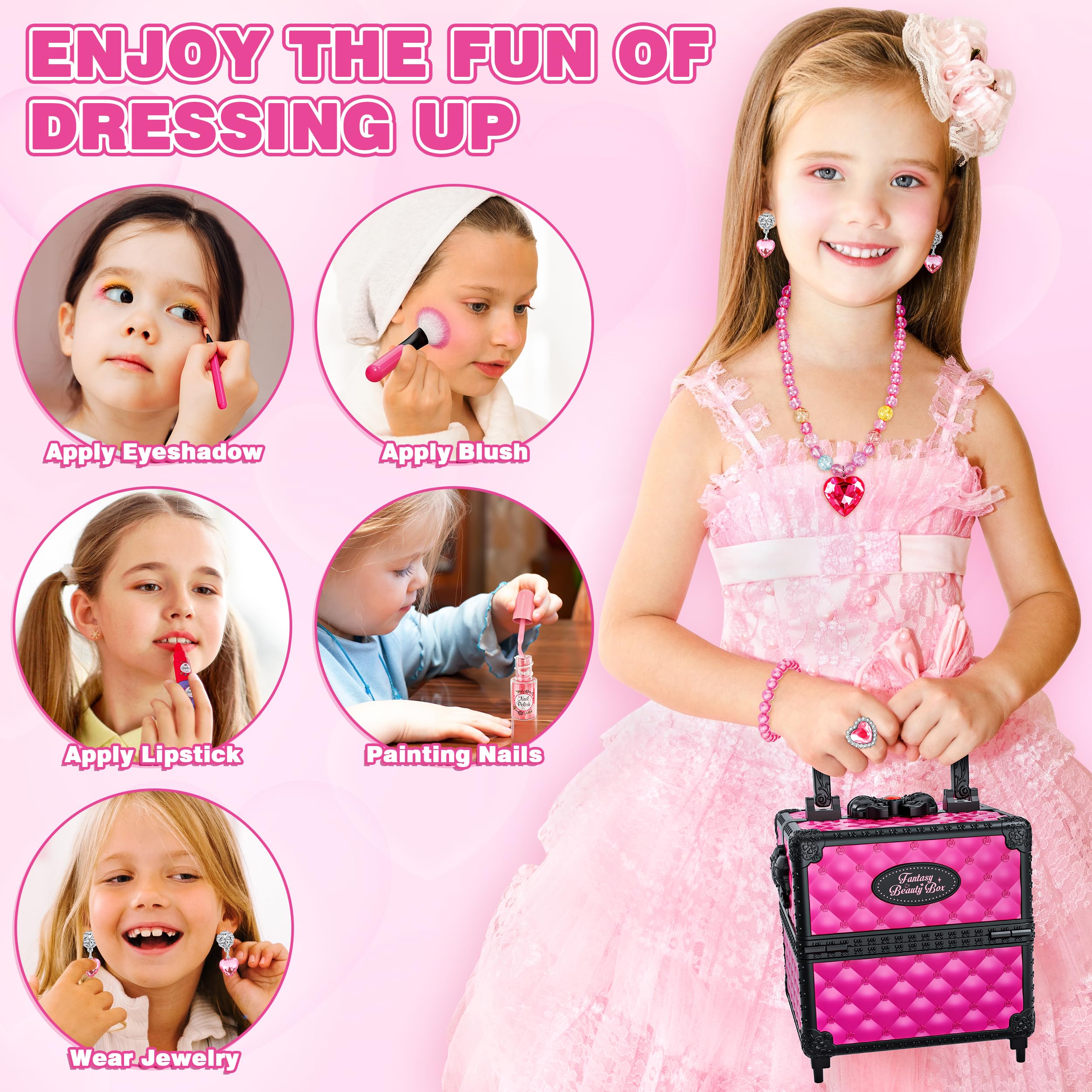 99 Pcs Kids Makeup Kit for Girls, Princess Toys Real Washable Cosmetics Set with Mirror, Hair Ties, Nails, Rings, Earrings, Necklace, Perfect for 3 4 5 6 7 8 Year Old Girls Birthday
