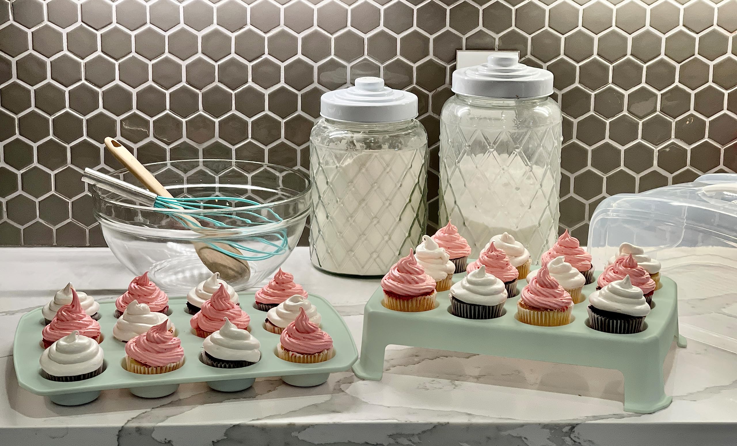 Top Shelf Elements Cupcake Carrier, Green Cupcake Holder Carries 24 Standard-Size Cupcakes, Muffin Traveler Two Tier Stand Reusable Cupcake Box