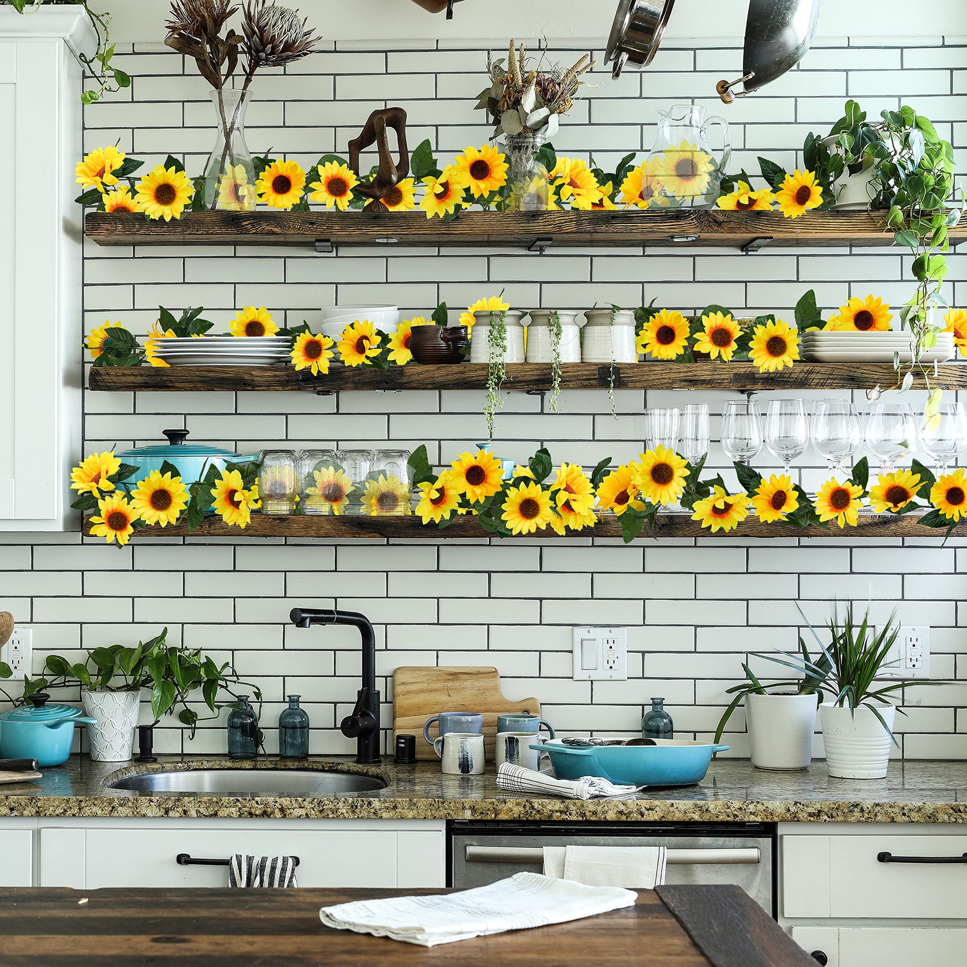 Uieke 3 Pack Artificial Sunflower Garland, 7.5ft/Strand Silk Sunflowers Hanging Vines Flowers with Green Leaves for Room Kitchen Garden Birthday Wedding Baby Shower Party Table Decor Large