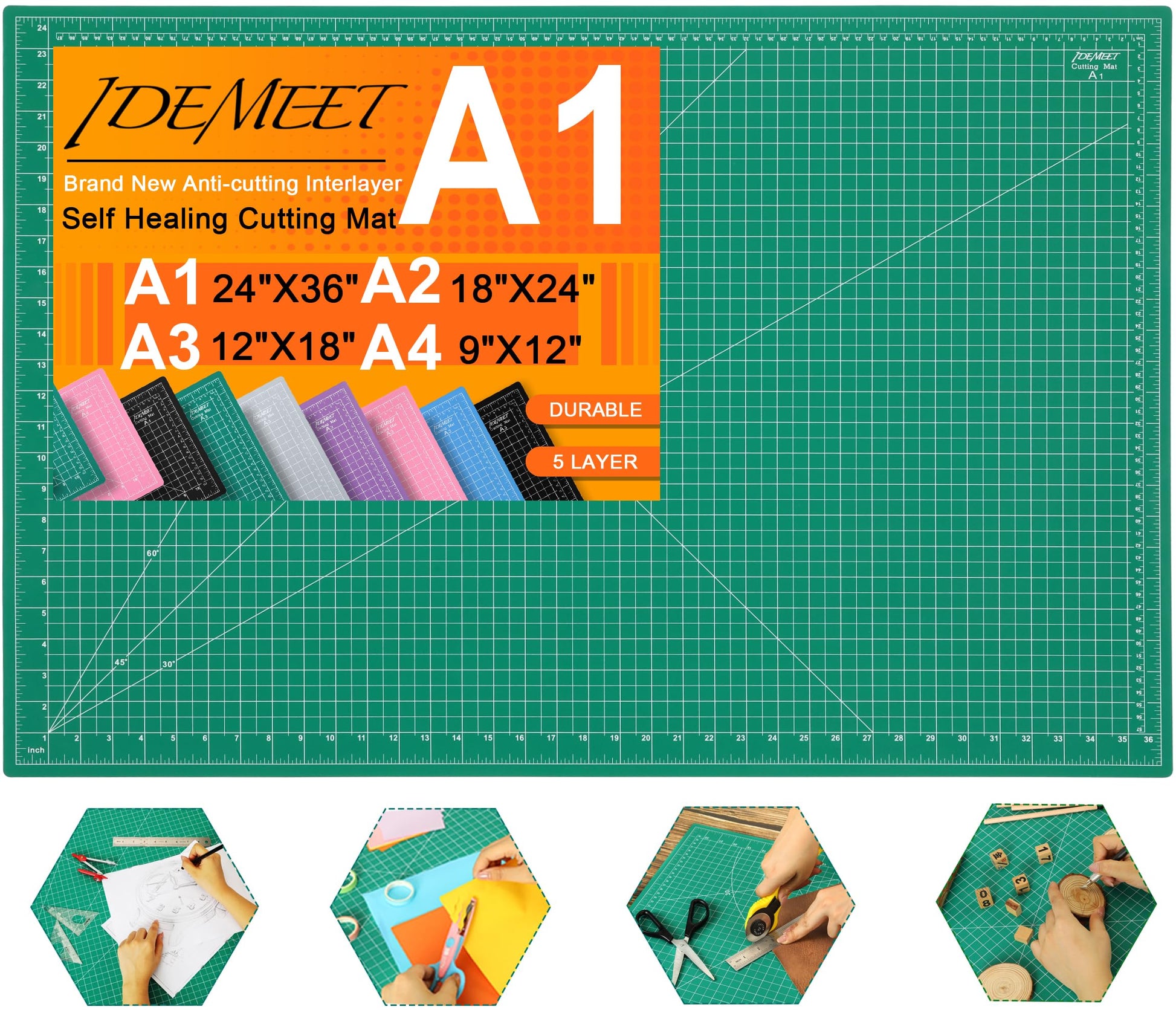 Density-upgraded 24" x 36" Large Self Healing Sewing Mat, Idemeet Rotary Cutting Mat 5 Play Cut Board for Crafts Hobby Project, Scale Size 24" x 36", A1, Green