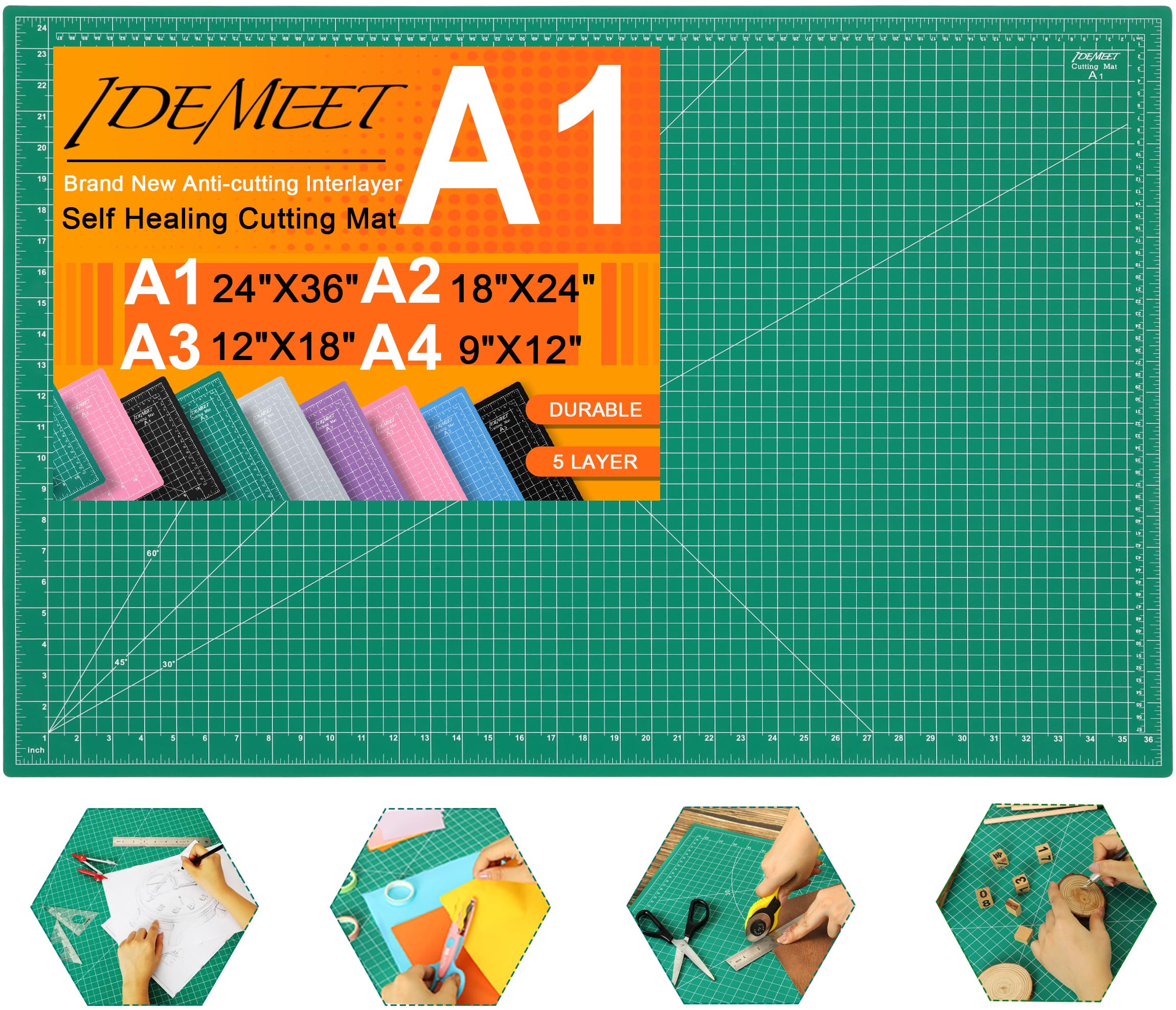 Density-upgraded 24" x 36" Large Self Healing Sewing Mat, Idemeet Rotary Cutting Mat 5 Play Cut Board for Crafts Hobby Project, Scale Size 24" x 36", A1, Green