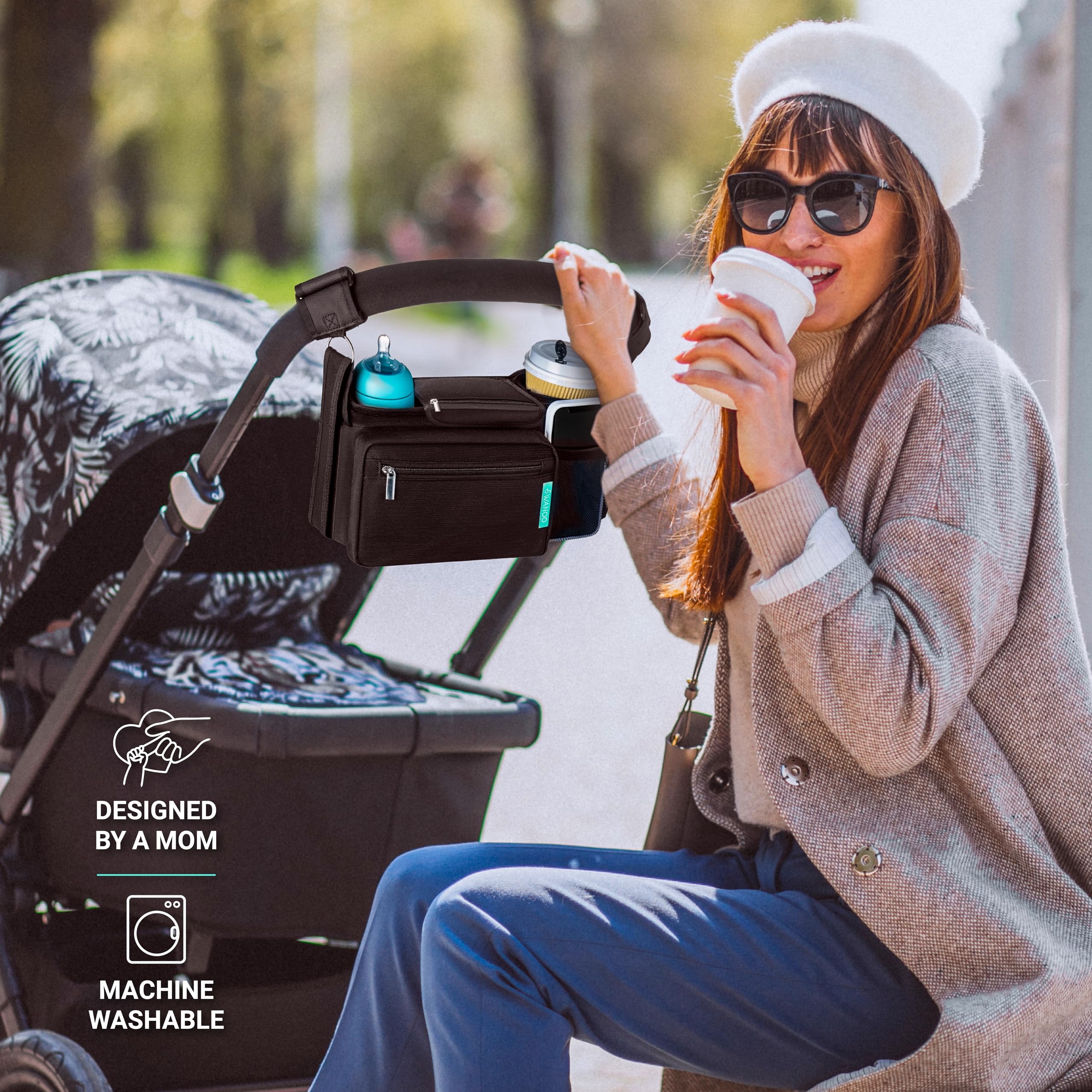 Swanoo Stroller Caddy Organizer With Cup Holder, Non Slip Straps Bag for Phone, Pet Stroller Accessories, Universal Fits Uppababby Vista v2 Wonderfold Wagon, Doona and More