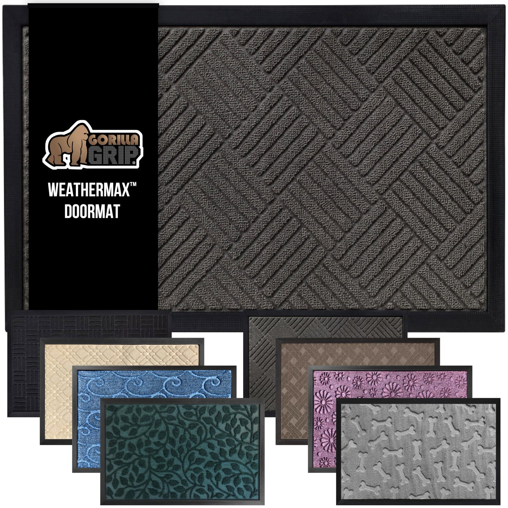 GORILLA GRIP 100% Waterproof All-Season WeatherMax Doormat US Designed Natural Rubber, Stain and Fade Resistant, Low Profile Indoor Outdoor Door Mats, Easy Clean Patio Mat, 17x29, Gray Diamond