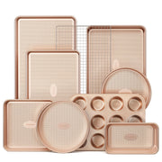 HONGBAKE 9-Piece Baking Pans Set Nonstick, Stackable Non Toxic Bakeware Sets with Diamond Texture, Oven Pan Set for Cooking, Includes Cookie Sheet with Rack, Cake Pan, Roasting Pan, Muffin Tin, Gold