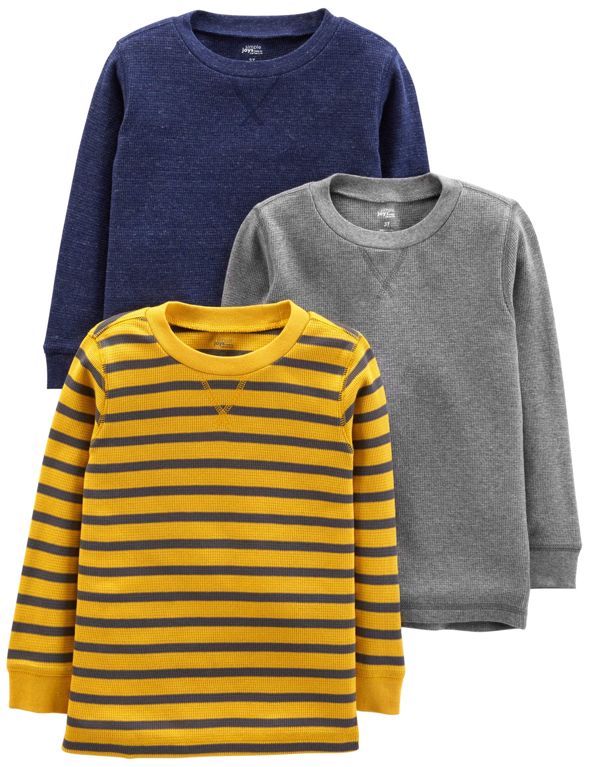 Simple Joys by Carter's Boys' 3-Pack Thermal Long Sleeve Shirts, Grey/Navy Heather/Yellow Stripe, 5T