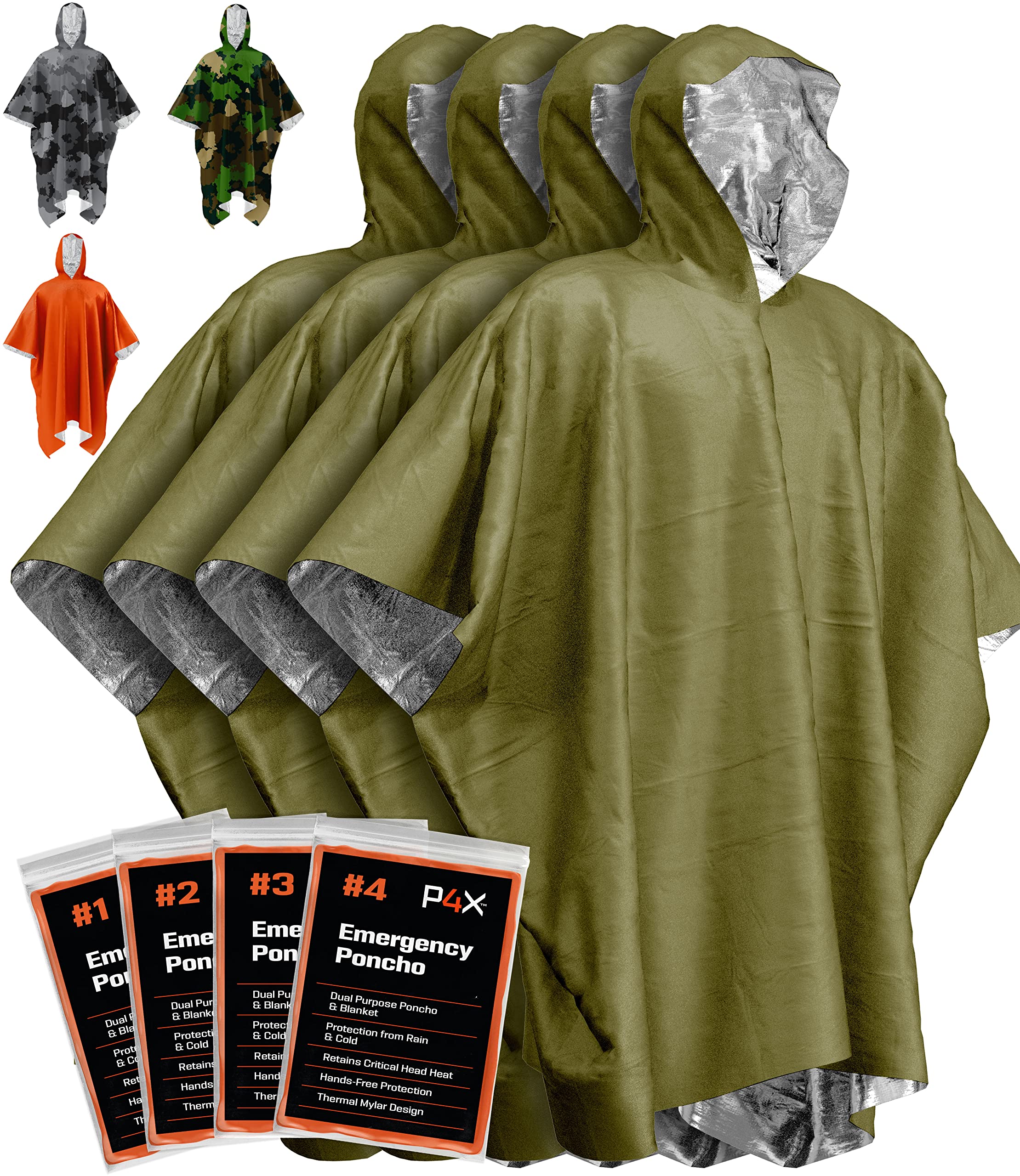 PREPARED4X Emergency Poncho with Mylar Blanket Liner - Heavy Duty, Waterproof, Wind-Resistant Green Rain Poncho for Outdoors, Camping, and Car Emergency Kits - Thermal Poncho - 4 Pack (Green)