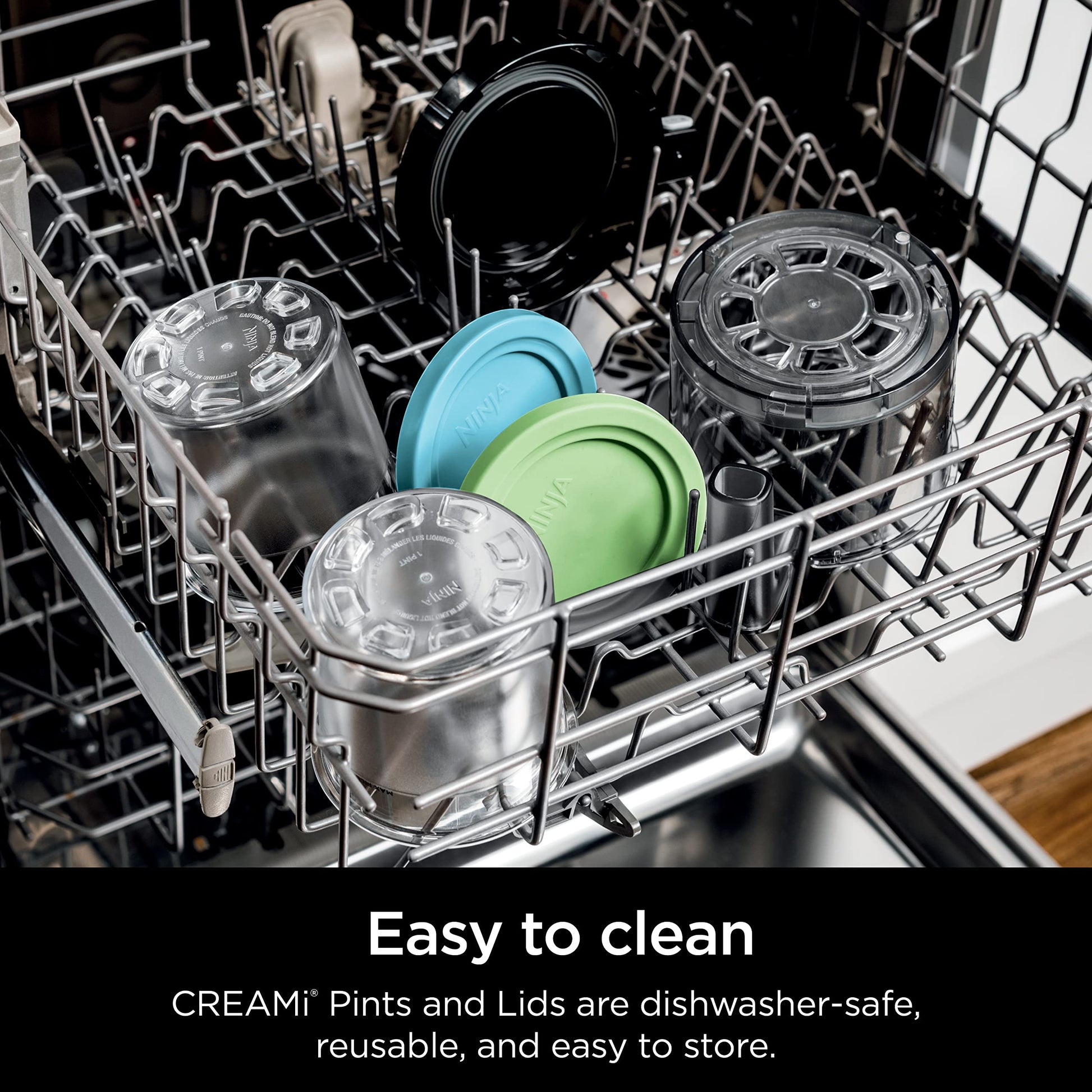 Ninja CREAMi Pints 2 Pack, Compatible with NC299AMZ & NC300s Series CREAMi Ice Cream Makers, Genuine Ninja Pint, BPA-Free & Dishwasher Safe, Color Lids, 1 Pint Each, Clear/Lime/Aqua, XSKPLID2CD