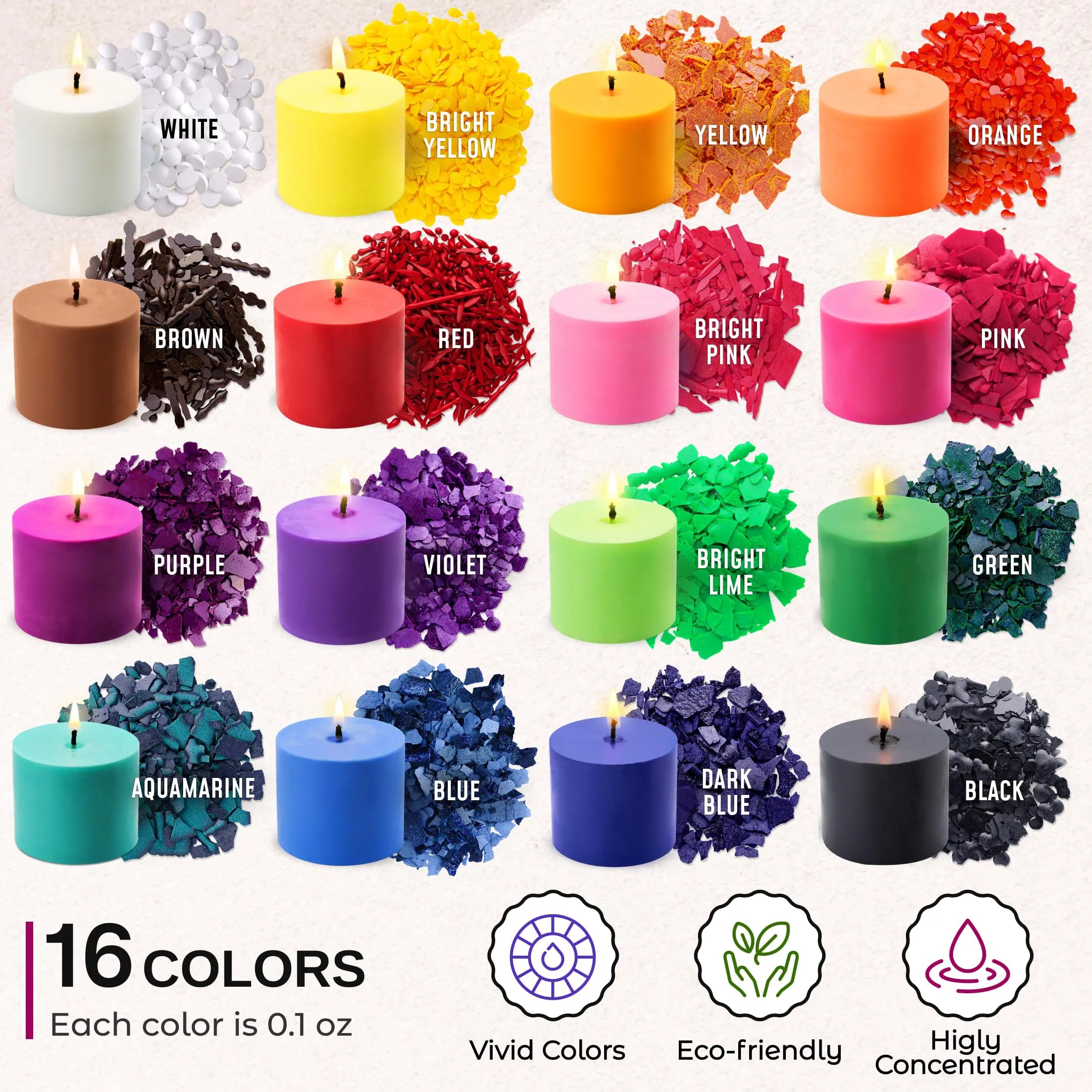 Candle Wax Dye for Soy Candle Making - 16 Popular Candle Dye Coloring Chips - Premium Candle Wax Coloring - Highly Concentrated Candle Chips Colors