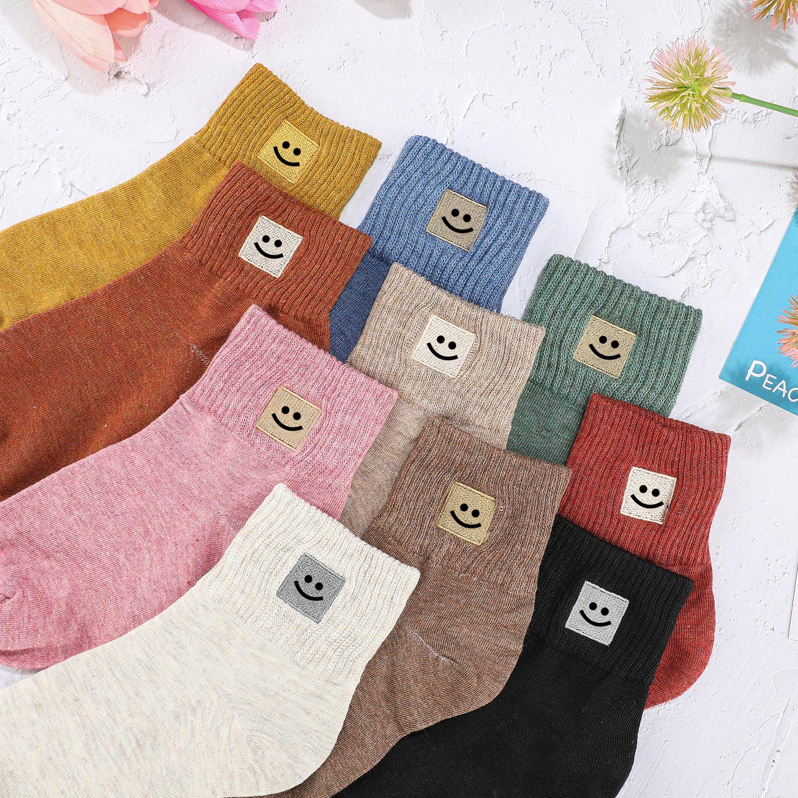 Eurzom 10 Pairs Socks Womens Crew Elastic Ankle Length Cotton Socks Aesthetic Cute Lightweight Low Cut Gifts for Women(Smile)