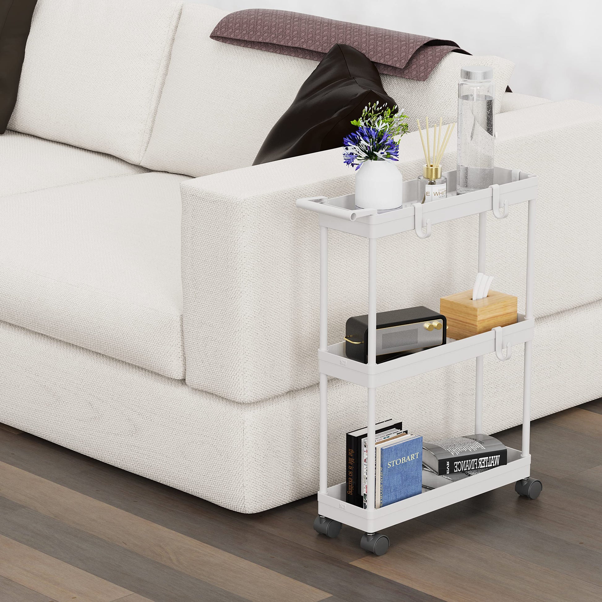 Simple Houseware 3-Tier Slim/Narrow Storage Cart with Handle, 5.5'' Wide x 26.5'' Height Rolling Organizer for Kitchen, Bathroom, Laundry Room - White